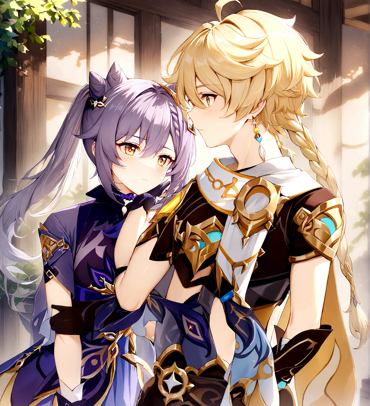 1boy and 1girl, aether \(genshin impact\), male focus, solo, blonde hair, yellow eyes, ahoge, bangs, single braid, hair between eyes BREAK 1girl purple hair, hair ornament, twintails, cat ears hairstyle, keqing