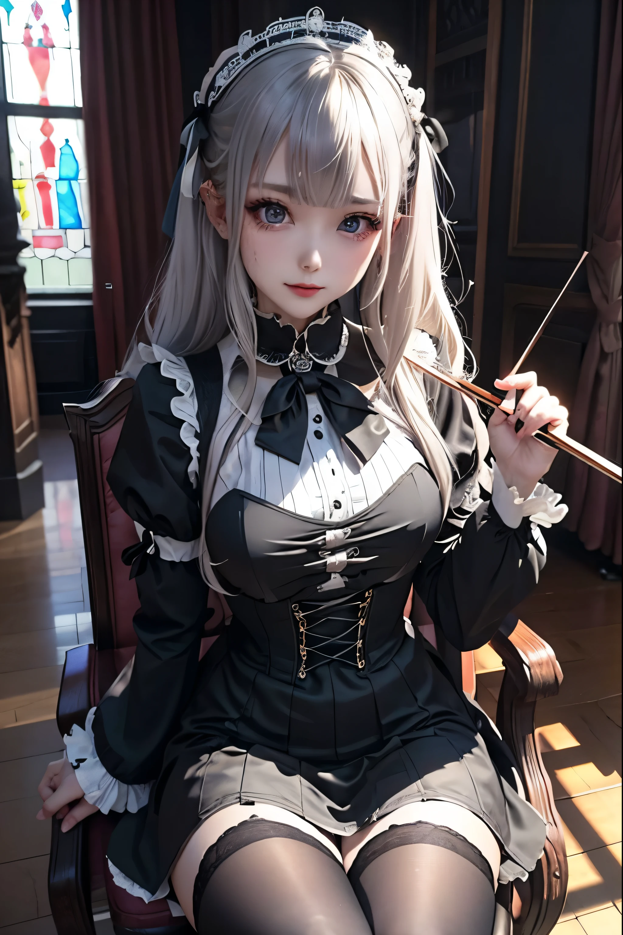 Hard Dark Gothic Makeup、Deep Night Sky、Horror、Black dark eyeshadow、sad、Good skin radiance、Dark Gothicメイク、Dark smile、palace、24-years-old、Embarrassed look、Dark Gothic、Obscene language、highest quality、Drunk face、紫のMaid clothes、Mysterious、Noble、sexy、Loving smile、Right blue eye, Left eye is red、Platform Heel Shoes、Heavy makeup、Gothic ta Clothing、Silver Hair、Long Hair Straight Hair、Cute Gothic Loliress、Beautiful Face、elegant features、Fascinating face、Stained glass is the background、Chest glistening with sweat、The room is dark、gothic long dress、Bell Sleeves、Wizard Sleeve、Decadent look、Sexually excited expression、Glossy thighs wet with water、Thighs that are wet and shiny with oil、Background of a room full of roses、The embroidery is pink、The dress has pink embroidery、Thigh-high socks、Knee-high socks、Gentle expression、Dark black eyeshadow、Stained glass and rose background、Female Duo、Female couple、dark church background、Stained glass、Black metal world、Dark Castle、Slender body、gothic long dress、Maid clothes、Victorian dresses、Her thighs glisten with sweat、My body is wet and shiny、Lots of glitter on the thighs、My thighs are sticky from sweating、Sweat glistens on the thighs, The whole body is sweaty and shiny、Quite sweaty、My thighs are sweaty、My thighs are so wet、My thighs are shining with sweat、A lot of sweat glistens all over the body、Small breasts、Orchestra StageStage、Dynamic Angle、sitting on a gothic chair、Play the violin gracefully、With a violin、Press the violin strings、violinist、orchestra performance、Thin thighs、slender、Violin body and strings、Sit on a chair、pantyhose、