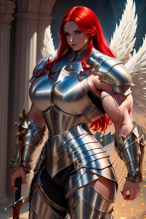 (((Massive, beautiful, buff, muscular pale white skinned female asian knight with red hair, black lipstick, huge angle wings, ginormous bulky muscles, holding a sword and shield and wearing an all red gleaming knight armor with hauberk pants))), {close view}, black eyeliner, massive muscles, massive biceps, hyper muscle triceps, (long hair), yellow eyes, giant angel wings, knight boots, In a castle, hauberk and pants, steel knight armor, armor breastplate, nighttime, confident smile, hyper muscles arms, hyper muscle legs, ginormous arms