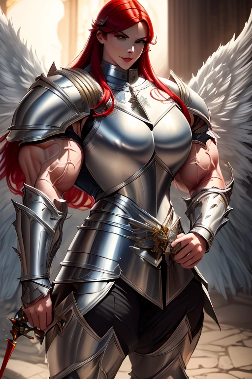 (((Massive, beautiful, buff, muscular pale white skinned female asian knight with red hair, black lipstick, huge angle wings, ginormous bulky muscles, holding a sword and shield and wearing an all red gleaming knight armor with hauberk pants))), {close view}, black eyeliner, massive muscles, massive biceps, hyper muscle triceps, (long hair), yellow eyes, giant angel wings, knight boots, In a castle, hauberk and pants, steel knight armor, armor breastplate, nighttime, confident smile, hyper muscles arms, hyper muscle legs, ginormous arms