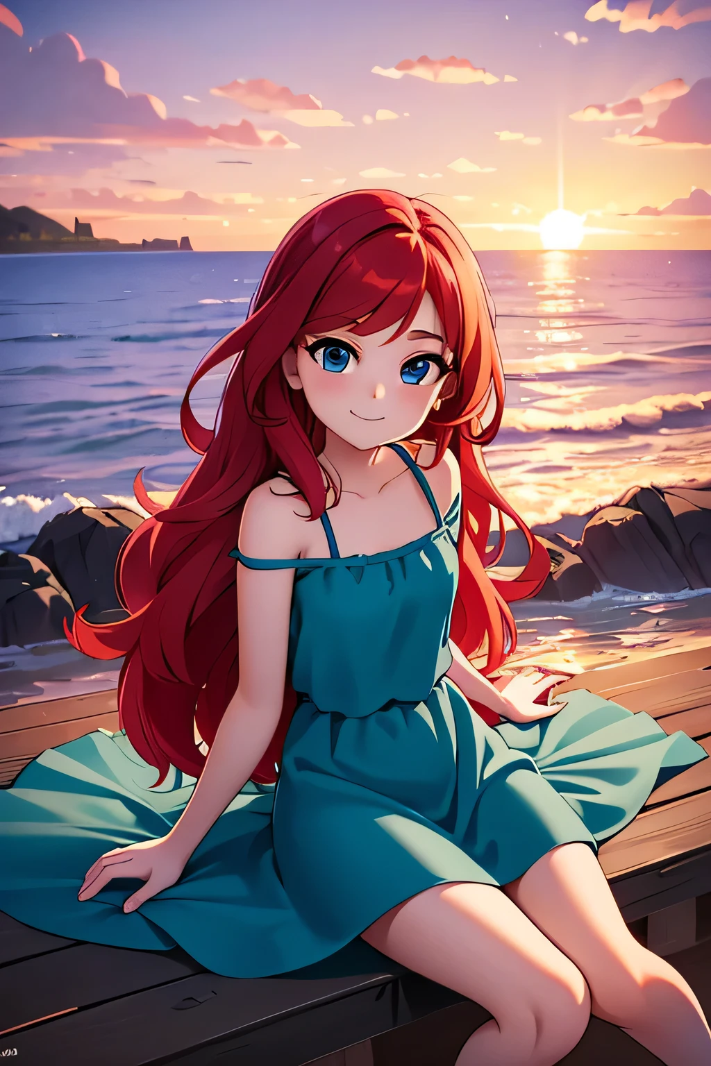 ruby, 1 girl, Teenage, Long Red hair, Medium Hair, Blue eyes, bare shoulders, medium breast, aqua ruffle maxi dress, sitting on the beach, over the sea, beautiful purple sunset at beach, Sexy, masterpiece, High quality. 2D illustration, 2D flat, sit down, Masterpiece, 8K, HDR, portrait, smile