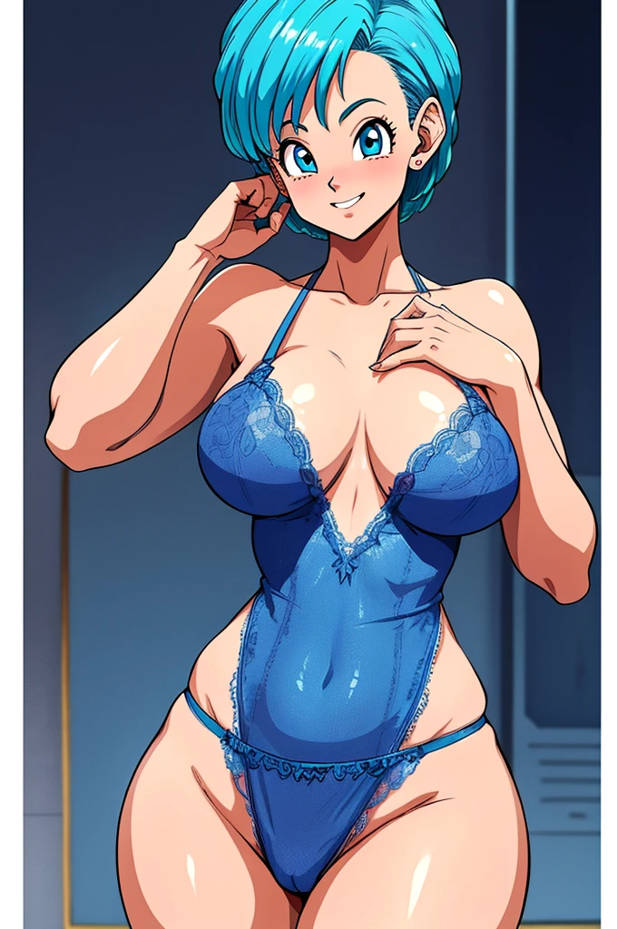 high definition, 8K, detailed face, grabbing her breast, showing her breast, Bulma from dragonball z, Deep blue eyes, ((pink see through lingerie)), spa, (large breasts)), slim and thin, body of equal proportions, ((focus on her breast)), front view, four fingers and 1 thumb, ((2 hands)), Blue hair, Beautiful smile, Smiling at viewer, blushing cheeks,