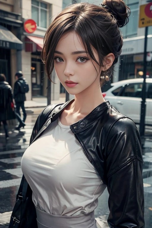 1 girl , short hair, Bun hairstyle, Upper Body, Close-up photo , full breasts, Bulge on chest, rain , Street View.