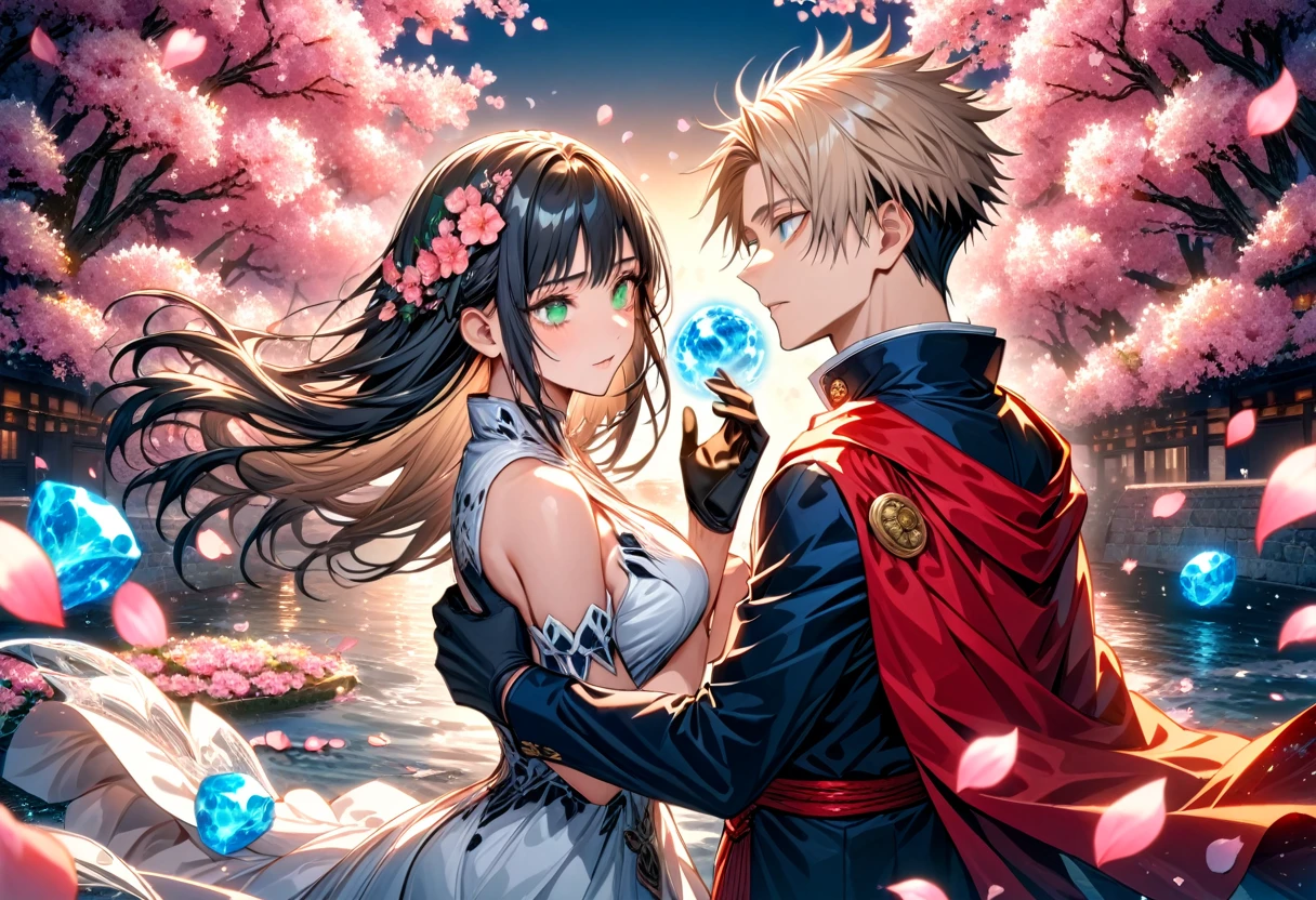 Ultra detailed, highres, absurdres, HDR, master piece, Okkotsu Yuuta, black hair, expressive dark blue eyes, Aida, ash blond hair with bangs, green eyes, white fantasy dress with black patterns, red cape, Jujutsu Kaisen, fantasy, petals, blossoms, pink flowers, water, black ribbon on her hair, black gloves, a handsome man together with a beautiful woman, sexy, couple, love, magic, best quality