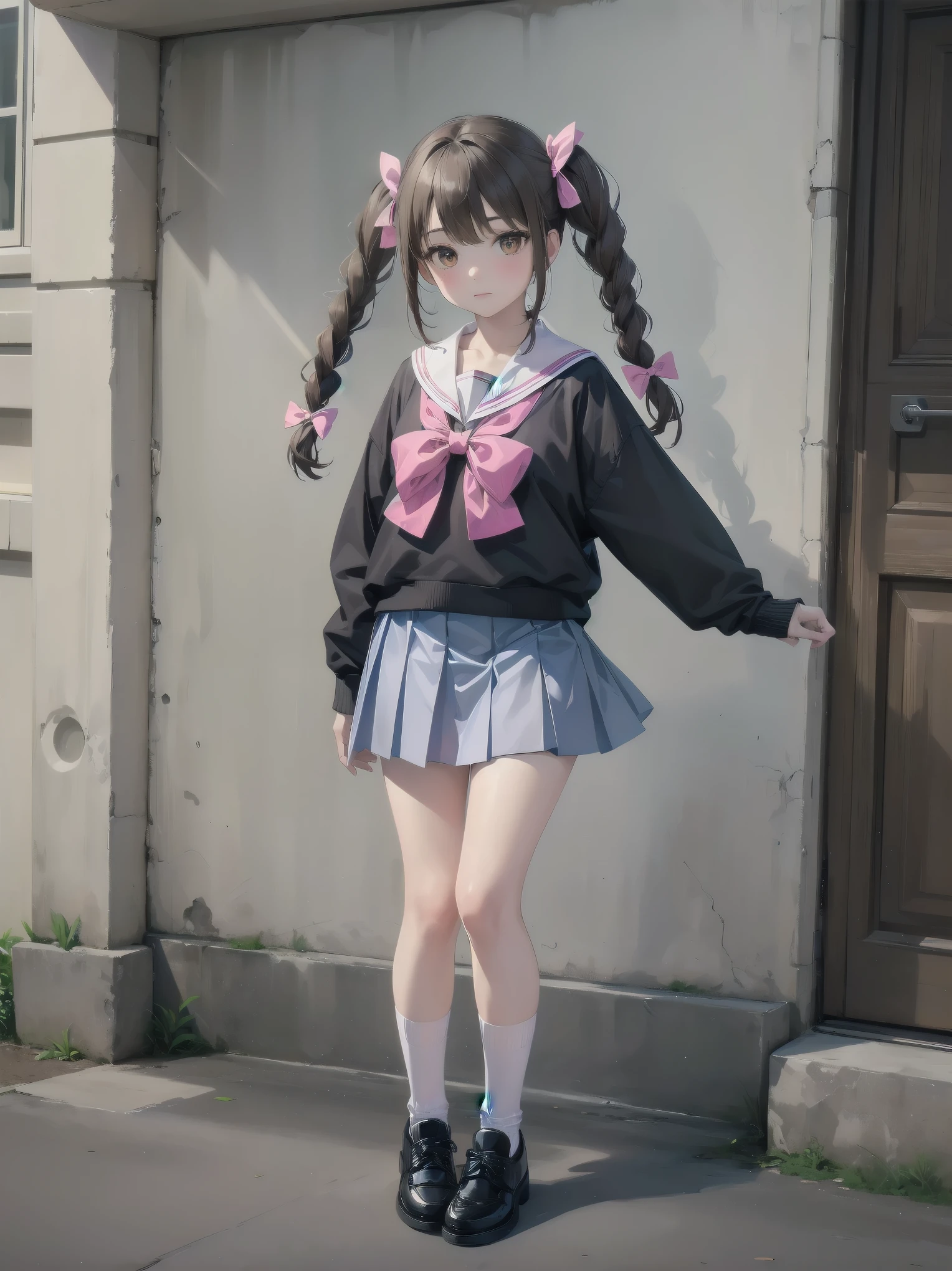 1girl, solo, looking at viewer, skirt, brown hair, shirt, long sleeves, bow, twintails, brown eyes, , full body, shoes, socks, sailor collar, black footwear, twin braids, cosplay, blue bow, white socks, pink skirt, photo background, pink sailor collar