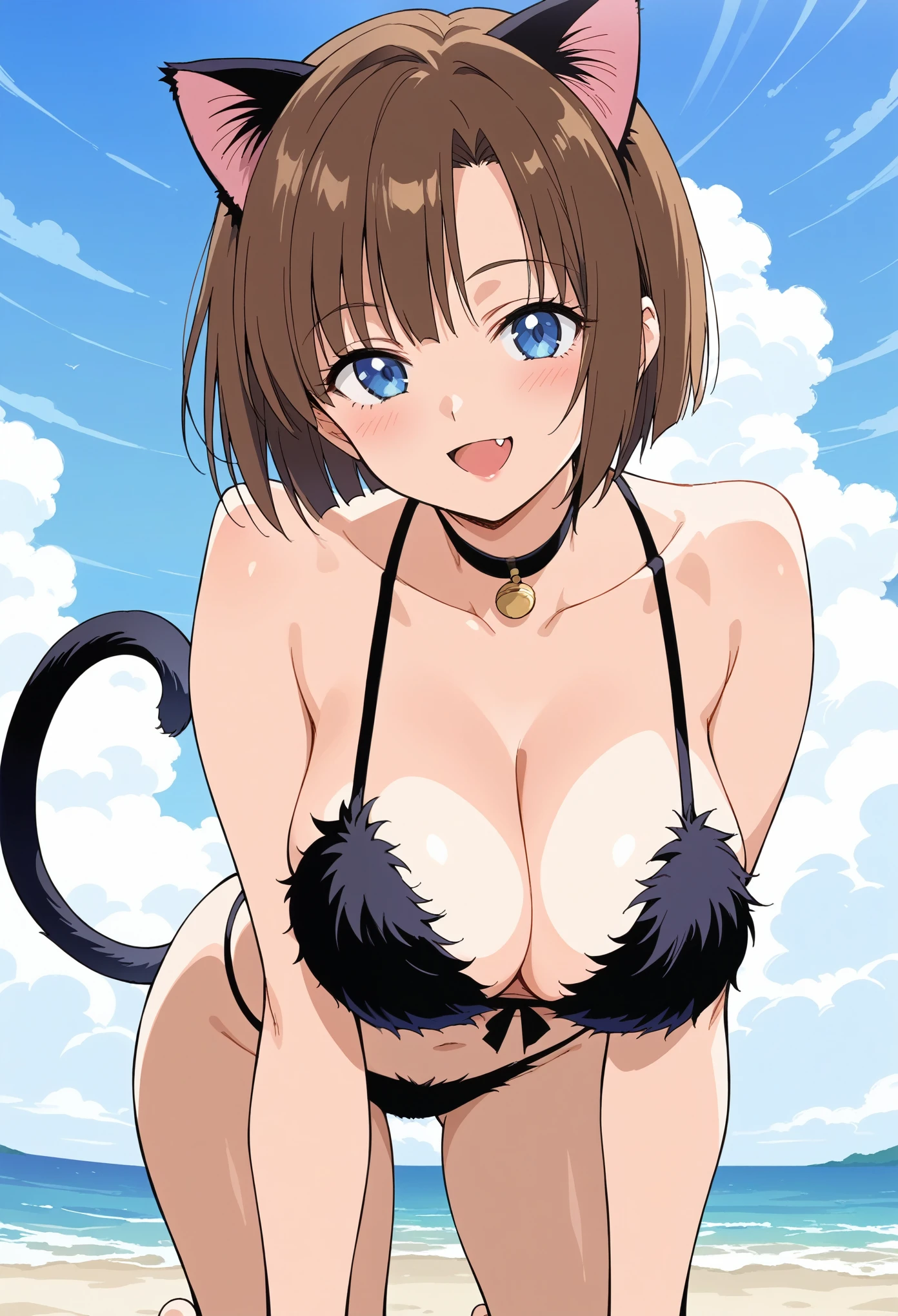 source_anime,1girl, brown hair, short hair, blue eyes, large breasts, cowboy shot, cat girl, seductive smile, choker, fur bikini, fang, looking at viewer, all fours, sky, BREAK, 1990s (style), anime screencap, megami magazine, very aesthetic, absurdres, amazing quality, cinematic lighting