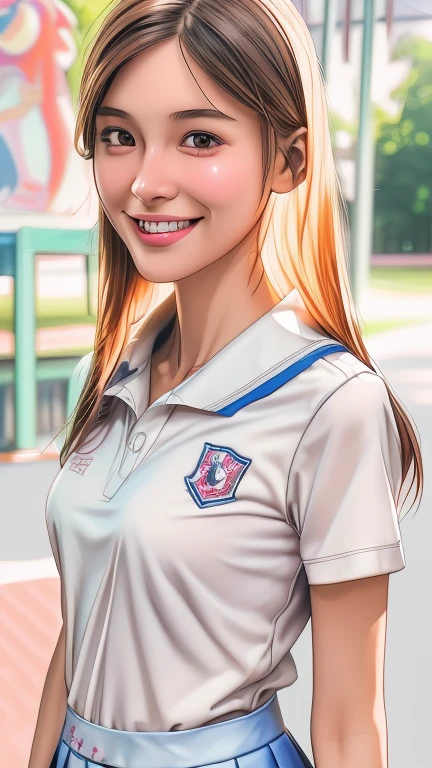 Professional photographer takes pictures of neat female college students, (school uniform, Summer clothes, Short sleeve), Outside the playground, (slim), Realistic, detailed, Skin Texture, ultra detailed, Delicate and sexy collarbone, smile, super detailed face, detailed lips, detailed eyes, Breast augmentation, Thin waist, masterpiece, anatomically correct, textured skin, high details, best quality, 16k