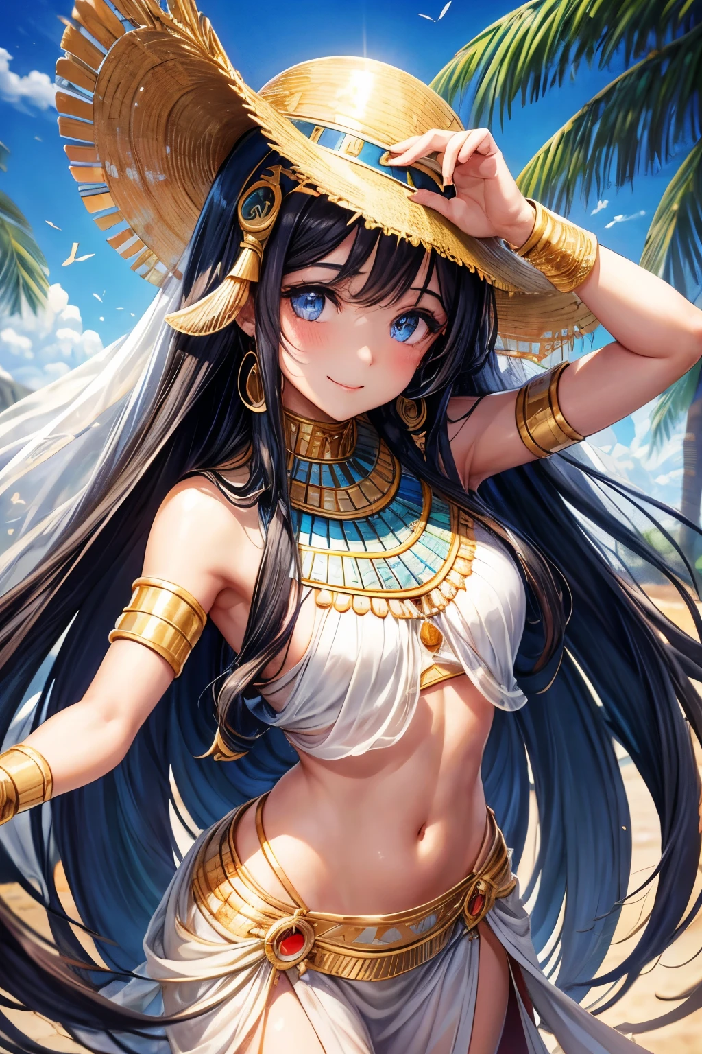 Egyptian girl with long dark hair, des yeux bleu comme le ciel, un corps parfait avec aucune imperfections, un sourire radieux comme le soleil, un visage magnifique et rayonnant, et une tenu égyptienne sexy moulant son corps