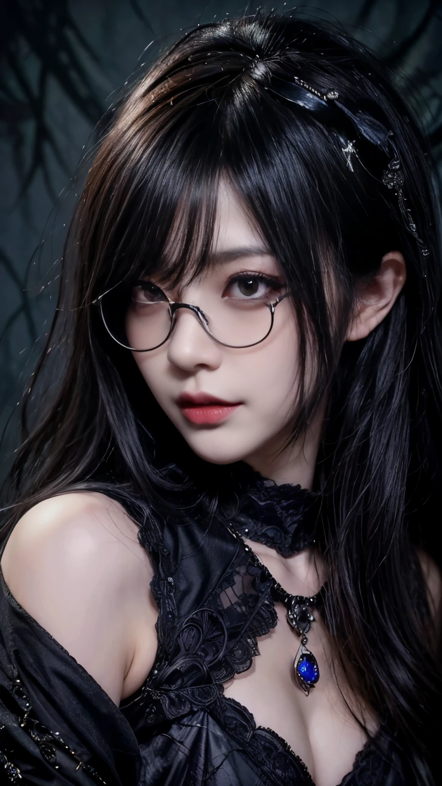 (highest quality,4K,8k,High resolution,masterpiece:1.2),Very detailed,(Realistic,photoRealistic,photo-Realistic:1.37), Close-up of a woman with dark hair and wearing a black dress, Dark Eyes,an  ominous笑顔,((((Glasses))))、((((big sapphire necklace))))、Evil Aura,Burning Flames,Soul Corruption,Dark Shadows,an  ominous雰囲気,Strange symbols,Cursed Land,Eternal Darkness,An unforgettable presence,Intimidating person,Grotesque features,Horror Scene,twisted reality,Scary atmosphere,A wonderful work of art,Evil Unleashed,Supernatural horror,Spooky art,nightmare fuel,Terrifyingly clear,Abstract fear,Terrifyingly beautiful,masterpiece,Fear incarnate,Shadow Chaos,existence,to be born々Shii Darkness,in style of Dark Fantasy Art, Dark Fantasy Art, Beautiful and elegant queen of darkness, Dark Fantasy Art, fantasy dark art, Dark fantasy digital art, Gothic fantasy art, Gothic Dark Maiden, Detailed Texture,Spooky creatures,an  ominous雰囲気,Mythical,Space horror,darkness,Mysterious,Dark aesthetic,Fog Background,Eyes of another world,Ancient Gods々, Powerful wizard, Mysterious森の中に立つ. Flowing robes decorated with symbols, Arms stretched out, Powerful,Tentacles,Pitch black blackness,Majestic,Unfathomable depth,nightmare,The existence of the universe,an  ominous存在,seeping darknesss,Secrets of the Universe, (Spooky atmosphere), (((Dramatic Shadows), (Dynamic pose), ((Artistically expressed)), ((attractive), (Gothic), (Mysterious Setting), (Moody color palette), (Skillfully drawn), (sense of unease), (Intricate details), (an  ominous smile), (an  ominous), (attractive eyes), (Horror elements), (attractive composition), (Impressive anatomy),(Striking contrast))), (Interesting character designs)、Dark Fantasy Portrait, Portrait of the Dark Goddess, 