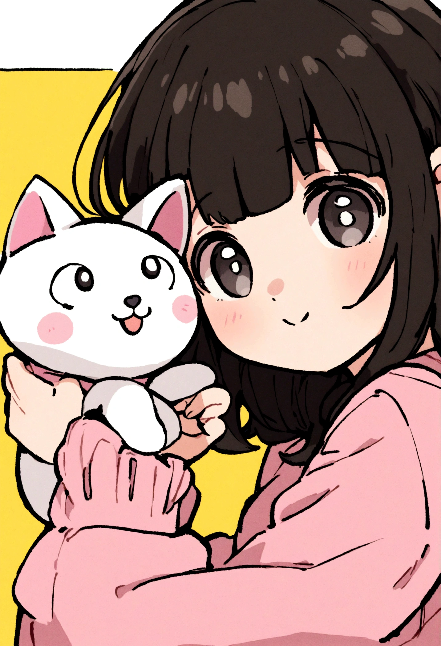 Happy cute brazilian white girl with black hair and black eyes, holding a white teddy bear and a pink stuffed kitten, drawing style, high definition