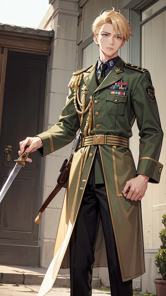 A man ran over,He was in military uniform,Tall,Short blonde hair,High nose and thin lips,Handsome and cool。He drew his sword,