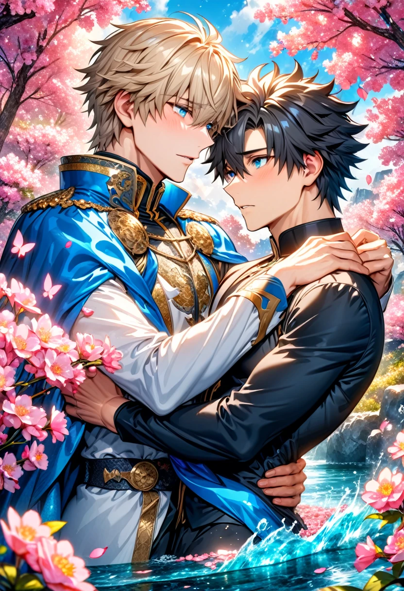 absurdres, highres, ultra detailed, HDR, master piece, best quality, Gawain, ash-blonde hair, expressive blue eyes, fate grand order, Fujimaru Ritsuka, black hair, expressive blue eyes, two sexy men together, gay couple, yaoi, handsome, blue cape with white fur, black shirt, white clothes, water, pink flowers, pink blossoms, pink butterflies, pink petals