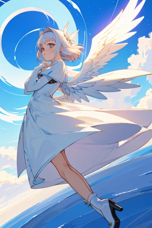 Waifu_anime_Angel vestido blanco, guantes blancos, tacones blancos, angel wings, paraiso con flores