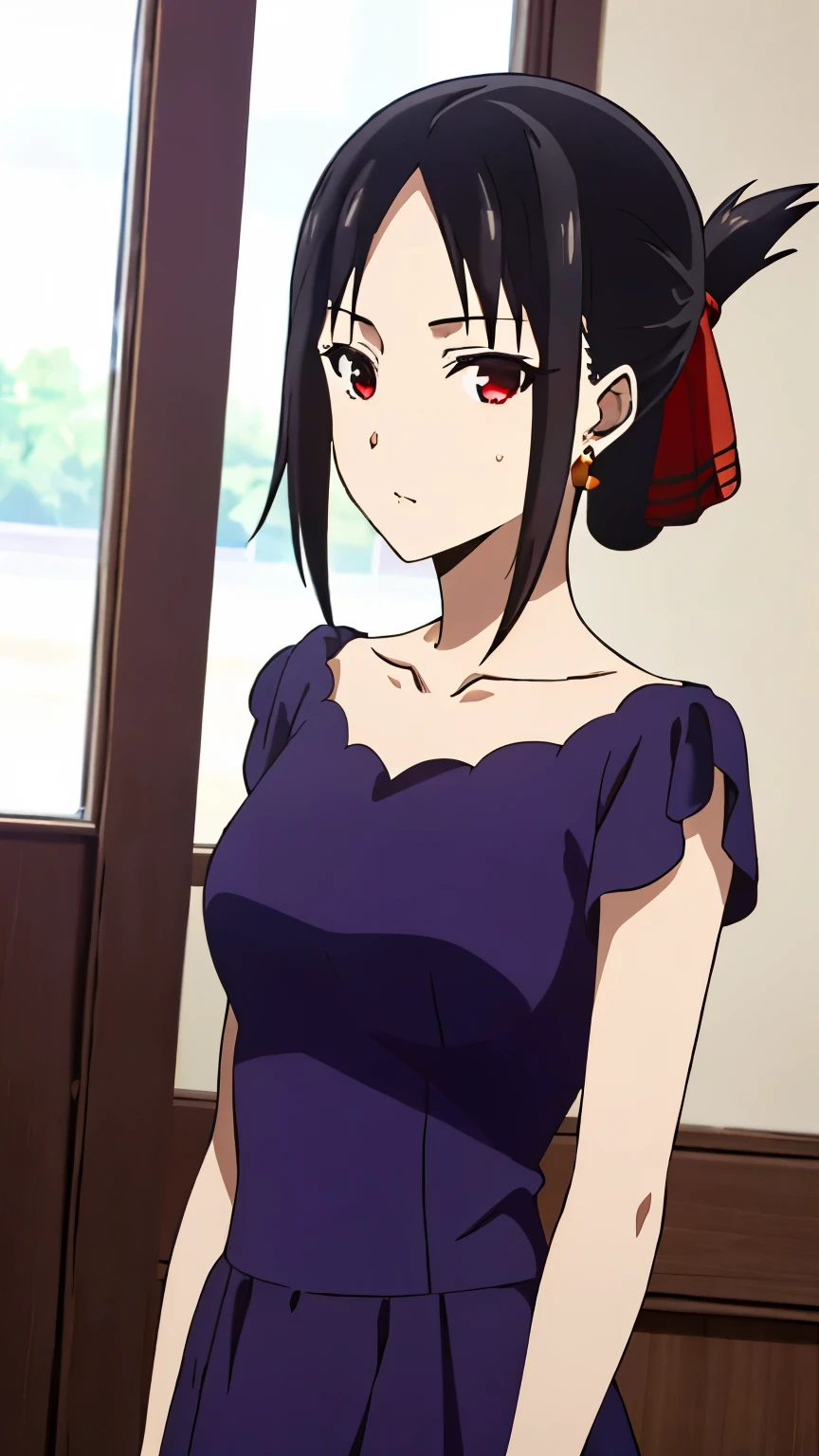 (best quality, masterpiece, 8k:1.2), detailed,
shinomiya kaguya,1girl, solo, black hair, red eyes, short hair, folded ponytail, red hair ribbon, (elegant dress, purple dress,slim body, youthful, earrings, venue),
looking at the viewer, medium breasts, dynamic Angle, 