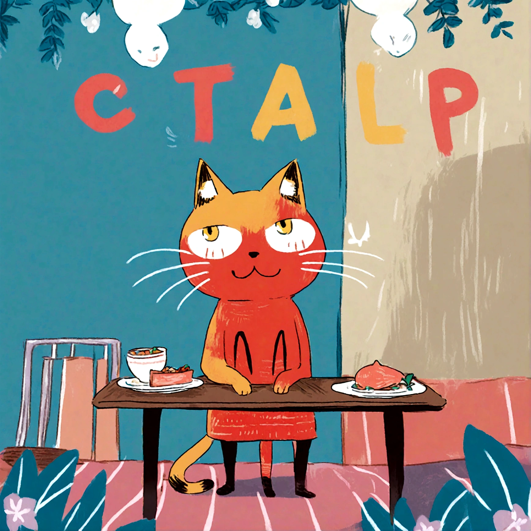 cat, table, sitting on chair, dinner