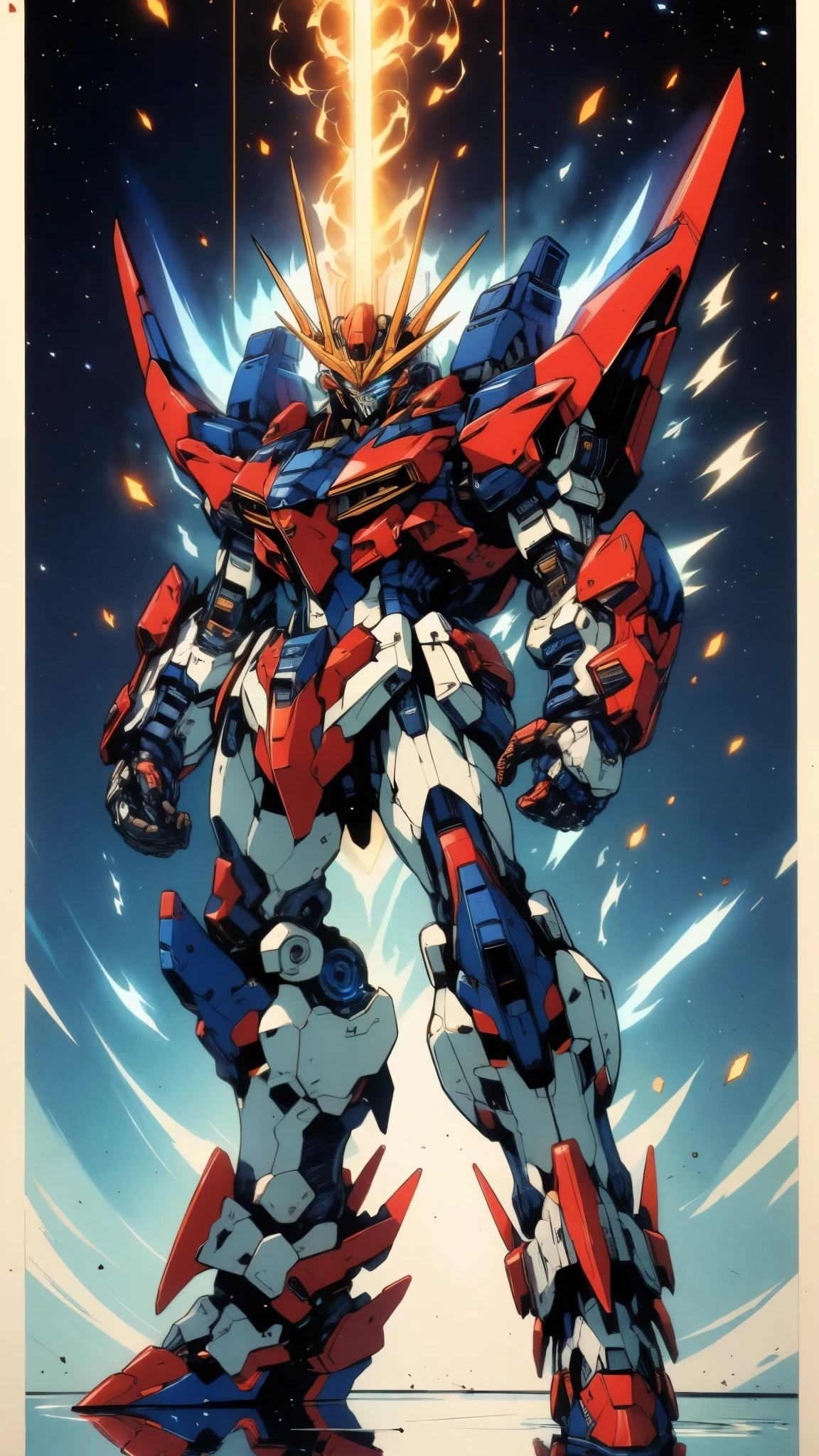 Humanoid Mecha, fully enclosed shoulder guards, matching arm and leg guards, full body, full armor, super robot, the design balances heavy with agility, (the color scheme is primarily white with red and blue accents, the concept Inspired by super robot, composite layered chest armor, pose, standing, floating high above the futuristic sci-fi city), exquisite and mature art style, (aura effect, energy, glowing eyes, the armor glows), ((SRS)), metallic, dramatic, high definition, best quality, highres, ultra-detailed, ultra-fine painting, extremely delicate, professional, perfect body proportions, anatomically correct, symmetrical face, extremely detailed eyes and face, high quality eyes, creativity, RAW photo, UHD, 32k, Natural light, cinematic lighting, masterpiece-anatomy-perfect, masterpiece:1.5