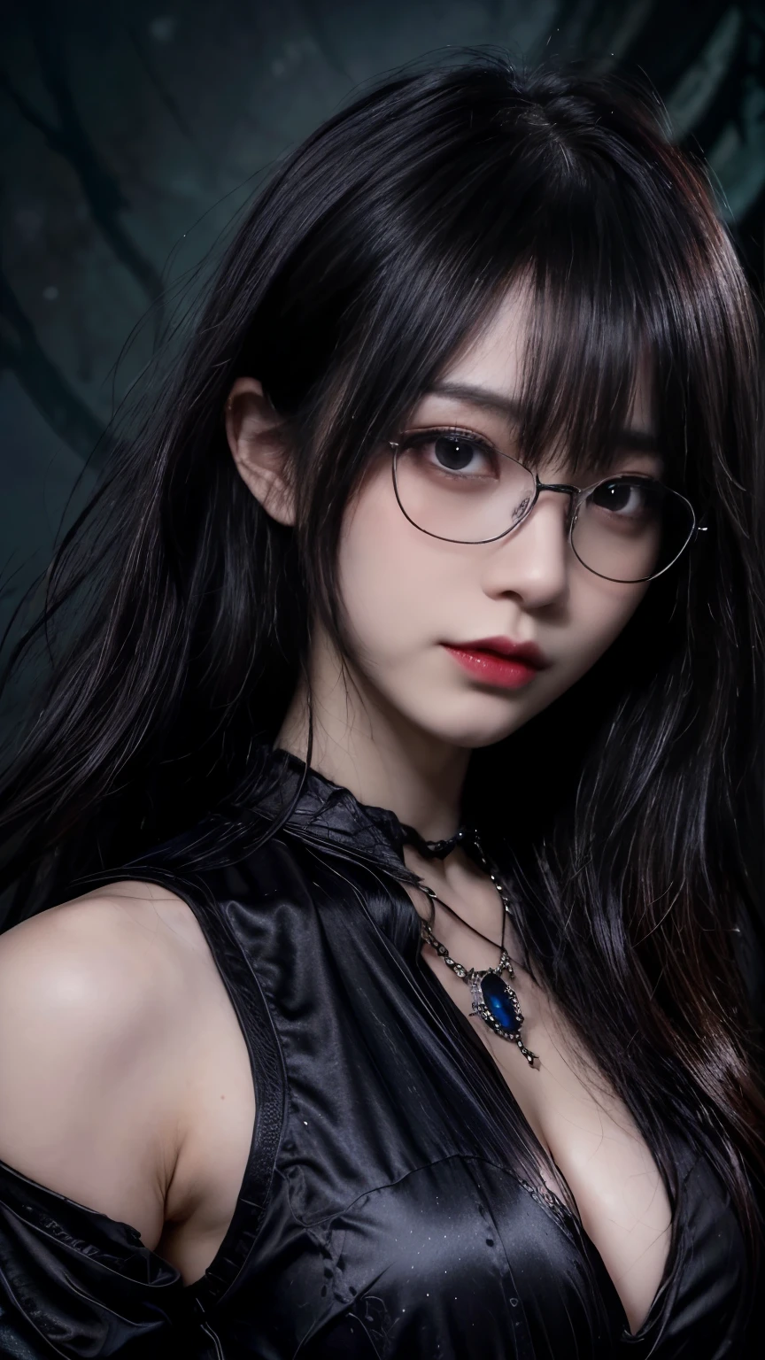 (highest quality,4K,8k,High resolution,masterpiece:1.2),Very detailed,(Realistic,photoRealistic,photo-Realistic:1.37), Close-up of a woman with dark hair and wearing a black dress, Dark Eyes,an ominous笑顔,((((Glasses))))、((((big sapphire necklace))))、Evil Aura,Burning Flames,Soul Corruption,Dark Shadows,an ominous雰囲気,Strange symbols,Cursed Land,Eternal Darkness,An unforgettable presence,Intimidating person,Grotesque features,Horror Scene,twisted reality,Scary atmosphere,A wonderful work of art,Evil Unleashed,Supernatural horror,Spooky art,nightmare fuel,Terrifyingly clear,Abstract fear,Terrifyingly beautiful,masterpiece,Fear incarnate,Shadow Chaos,existence,to be born々Shii Darkness,in style of Dark Fantasy Art, Dark Fantasy Art, Beautiful and elegant queen of darkness, Dark Fantasy Art, fantasy dark art, Dark fantasy digital art, Gothic fantasy art, Gothic Dark Maiden, Detailed Texture,Spooky creatures,an ominous雰囲気,Mythical,Space horror,darkness,Mysterious,Dark aesthetic,Fog Background,Eyes of another world,Ancient Gods々, Powerful wizard, Mysterious森の中に立つ. Flowing robes decorated with symbols, Arms stretched out, Powerful,Tentacles,Pitch black blackness,Majestic,Unfathomable depth,nightmare,The existence of the universe,an ominous存在,seeping darknesss,Secrets of the Universe, (Spooky atmosphere), (((Dramatic Shadows), (Dynamic pose), ((Artistically expressed)), ((attractive), (Gothic), (Mysterious Setting), (Moody color palette), (Skillfully drawn), (sense of unease), (Intricate details), (an ominous smile), (an ominous), (attractive eyes), (Horror elements), (attractive composition), (Impressive anatomy),(Striking contrast))), (Interesting character designs)、Dark Fantasy Portrait, Portrait of the Dark Goddess,