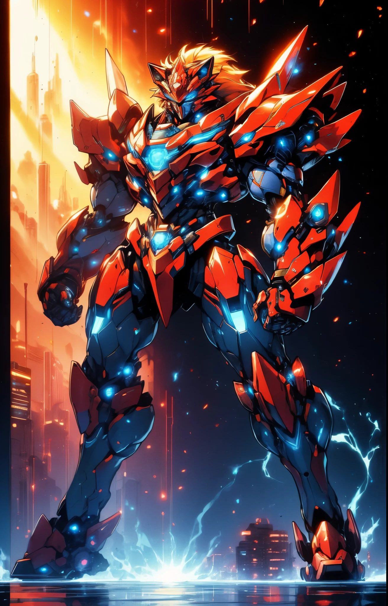 Humanoid Mecha, fully enclosed shoulder guards, matching arm and leg guards, full body, full armor, super robot, the design balances heavy with agility, (the color scheme is primarily white with red and blue accents, the concept Inspired by super robot, Lion concept chest armor, pose, standing, floating high above the futuristic sci-fi city), exquisite and mature art style, (aura effect, energy, glowing eyes, the armor glows), ((SRS)), metallic, dramatic, high definition, best quality, highres, ultra-detailed, ultra-fine painting, extremely delicate, professional, perfect body proportions, anatomically correct, symmetrical face, extremely detailed eyes and face, high quality eyes, creativity, RAW photo, UHD, 32k, Natural light, cinematic lighting, masterpiece-anatomy-perfect, masterpiece:1.5