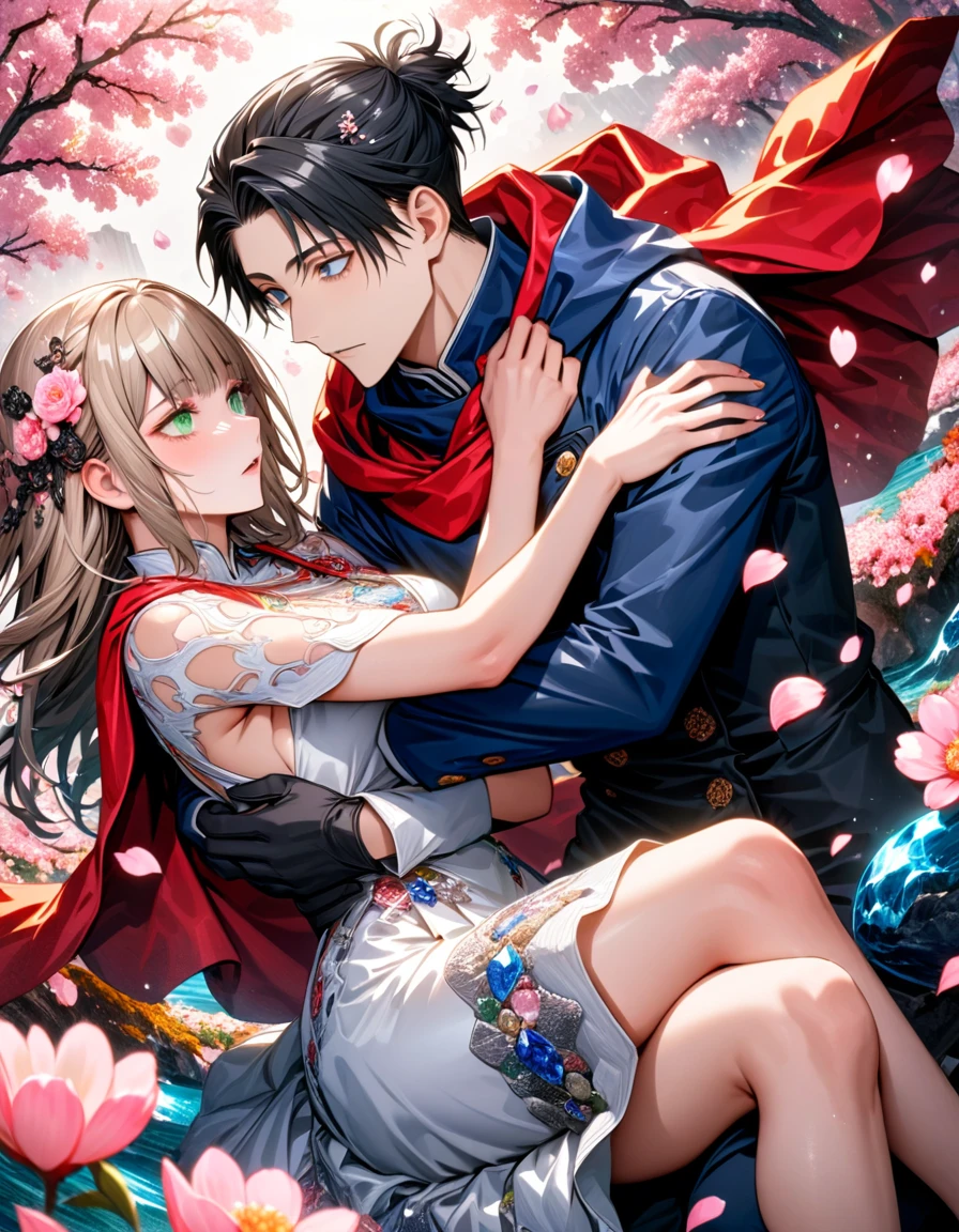 Ultra detailed, highres, absurdres, HDR, master piece, Okkotsu Yuuta, black hair, expressive dark blue eyes, Aida, ash blond hair with bangs, green eyes, white fantasy dress with black patterns, red cape, Jujutsu Kaisen, fantasy, petals, blossoms, pink flowers, water, black ribbon on her hair, black gloves, a handsome man together with a beautiful woman, sexy, couple, love, magic, best quality