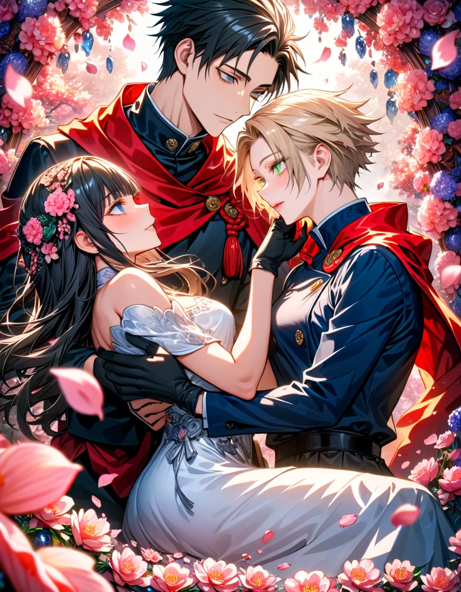 Ultra detailed, highres, absurdres, HDR, master piece, Okkotsu Yuuta, black hair, expressive dark blue eyes, Aida, ash blond hair with bangs, green eyes, white fantasy dress with black patterns, red cape, Jujutsu Kaisen, fantasy, petals, blossoms, pink flowers, water, black ribbon on her hair, black gloves, a handsome man together with a beautiful woman, sexy, couple, love, magic, best quality