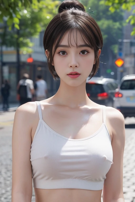 1 girl , Bob short hair, Bun hairstyle, Upper Body, Close-up photo , full breasts, Bulge on chest, rain , Street View.