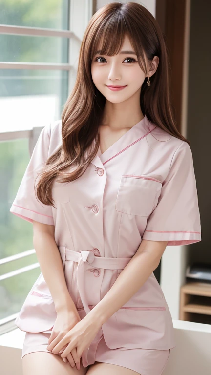 highest quality、8k wallpaper、Reality:1.4、Cinema Lighting、View your viewers、background:An all-white room、1 beautiful girl、Japanese Idol、23 years old、Beautifully detailed eyes、Detailed face、Beautiful Skin、Slender、Slim waist、Thin legs、Fancy hairstyle:1.8、Random hair color、Light Hair、The light is shining on her hair、Asymmetrical bangs、Japanese nurse outfit、Light pink nurse uniform、smile:1.5、Seductive pose