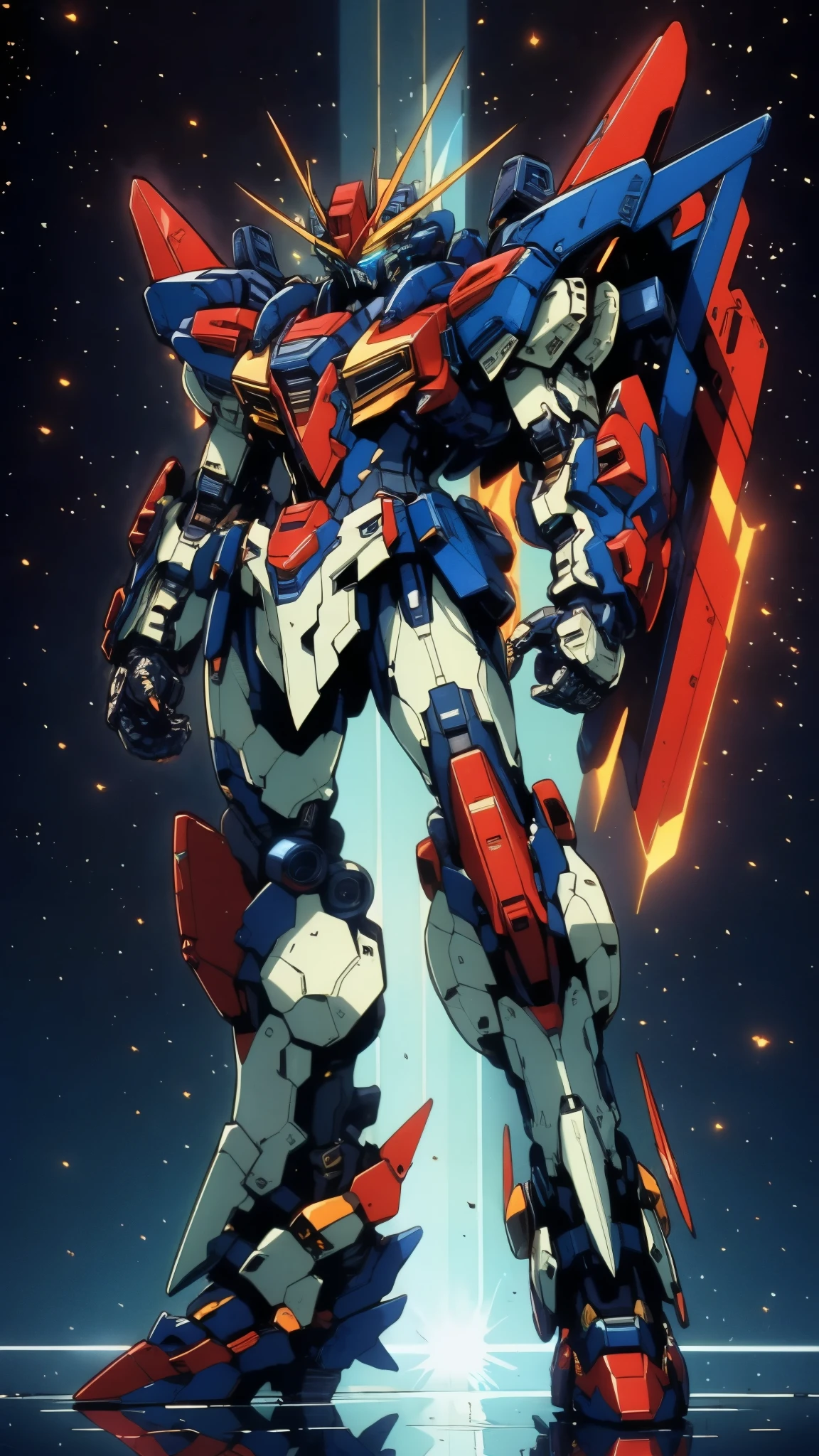 Humanoid Mecha, fully enclosed shoulder guards, matching arm and leg guards, full body, full armor, super robot, the design balances heavy with agility, (the color scheme is primarily white with red and blue accents, the concept Inspired by super robot, composite layered chest armor, pose, standing, floating high above the futuristic sci-fi city), exquisite and mature art style, (aura effect, energy, glowing eyes, the armor glows), ((SRS)), metallic, dramatic, high definition, best quality, highres, ultra-detailed, ultra-fine painting, extremely delicate, professional, perfect body proportions, anatomically correct, symmetrical face, extremely detailed eyes and face, high quality eyes, creativity, RAW photo, UHD, 32k, Natural light, cinematic lighting, masterpiece-anatomy-perfect, masterpiece:1.5