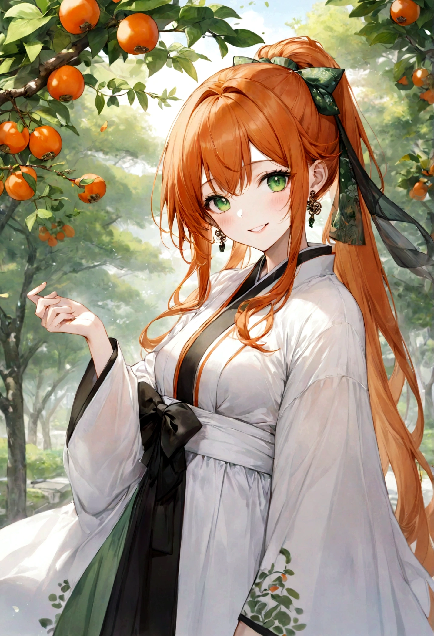 ((top-quality)), ((masterpiece)), ((ultra-detailliert)), (extremely delicate and beautiful), bright orange hair, long straight hair, long ponytail, spring green eyes, persimmon trees in the background, wuxia styled robes, sheer white sleeves, white robes with persimmon patterns, mischievous smile, beautiful woman, cheerful, big dark green satin bow hair tie, red earrings