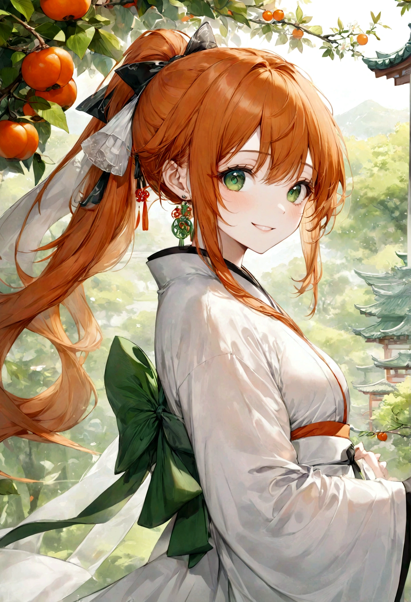 ((top-quality)), ((masterpiece)), ((ultra-detailliert)), (extremely delicate and beautiful), bright orange hair, long straight hair, long ponytail, spring green eyes, persimmon trees in the background, wuxia styled robes, sheer white sleeves, white robes with persimmon patterns, mischievous smile, beautiful woman, cheerful, big dark green satin bow hair tie, red earrings
