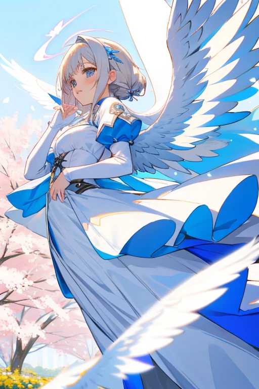 Waifu_anime_Angel vestido blanco, guantes blancos, tacones blancos, angel wings, paraiso con flores