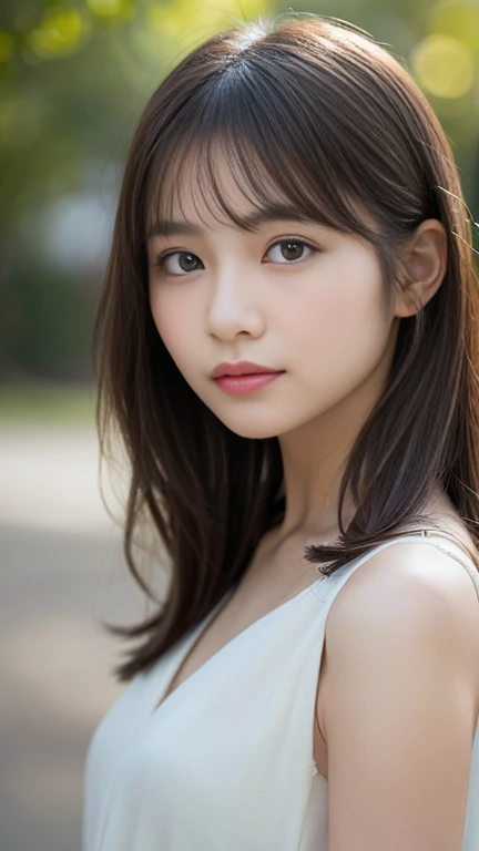 Create a high-resolution portrait of a young Japanese woman resembling the actress Minami Hamabe. She has a gentle and calm demeanor, with fair, clear skin and long, silky black hair that frames her face. Her eyes are large, almond-shaped, and a deep brown color, exuding a sense of innocence and curiosity. Her facial features are soft and balanced, with a slight blush on her cheeks and natural makeup that highlights her beauty. She wears a simple, elegant dress in pastel colors, standing against a softly blurred background that emphasizes her peaceful and elegant aura. The lighting is natural and soft, highlighting her delicate features and creating a warm, inviting atmosphere.