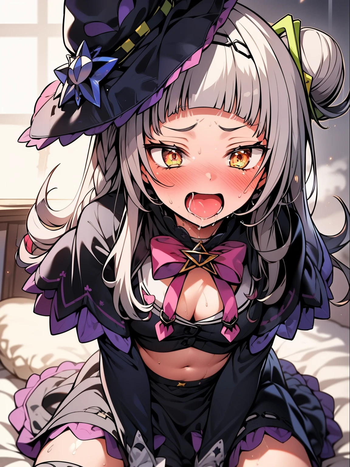 ((highest quality, High resolution,8K)), 1 girl, Perfect body, aashion, 1girl, long hair, (single hair bun:1.1), short eyebrows, small breasts, hairband, witch hat, pink bowtie, black capelet, pinstripe shirt, long sleeves, midriff, black skirt, miniskirt, striped thighhighs, aged down, cowboy shot,, (detailed face),  (beautiful eyelashes, realistic eyes), (embarrassed, blush:1.3, ecstasy:1.5, slut:1.5, fucked silly:1.4), drooling:1.2, open mouth, ((orgasm:1.5)), ((smooth texture:0.75, realistic texture:0.65)), perfect body, (sex:1.5, missionary position:1.5), squatting, POV,(sit astride:1.2), Spread legs, , wet:0.8, sweat:1.2, steam:0.3, on the bed, 