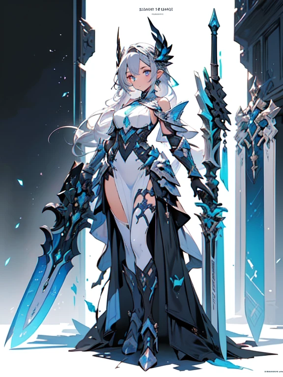 Design a layout showcase Gaming character, (1girl). Purple+Silver clothes, mystical and shimmering, ((showcase weapon:1.4)), enchanted mirror, (masterpiece:1.2), (best quality), 4k, ultra-detailed, (Step by step design, layout art:1.5), (glowing lighting, mysterious setting), enchantress, ((glimmering gloves)), (((revealing outfit:1.3))), enchanted vambraces, glittering boots, (((full_body_shot:1.4)))
