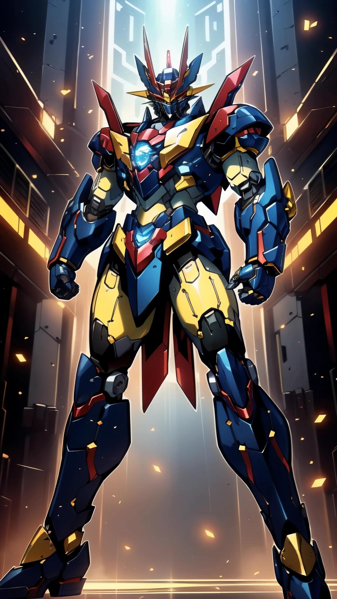 Humanoid Mecha, fully enclosed shoulder guards, matching arm and leg guards, full body, full armor, super robot, the design balances heavy with agility, (the color scheme is primarily white with red and blue accents, the concept Inspired by Mazinger Z, ruby chest armor, pose, standing, floating high above the futuristic sci-fi city), exquisite and mature art style, (aura effect, energy, glowing eyes, the armor glows), ((SRS)), metallic, dramatic, high definition, best quality, highres, ultra-detailed, ultra-fine painting, extremely delicate, professional, perfect body proportions, anatomically correct, symmetrical face, extremely detailed eyes and face, high quality eyes, creativity, RAW photo, UHD, 32k, Natural light, cinematic lighting, masterpiece-anatomy-perfect, masterpiece:1.5