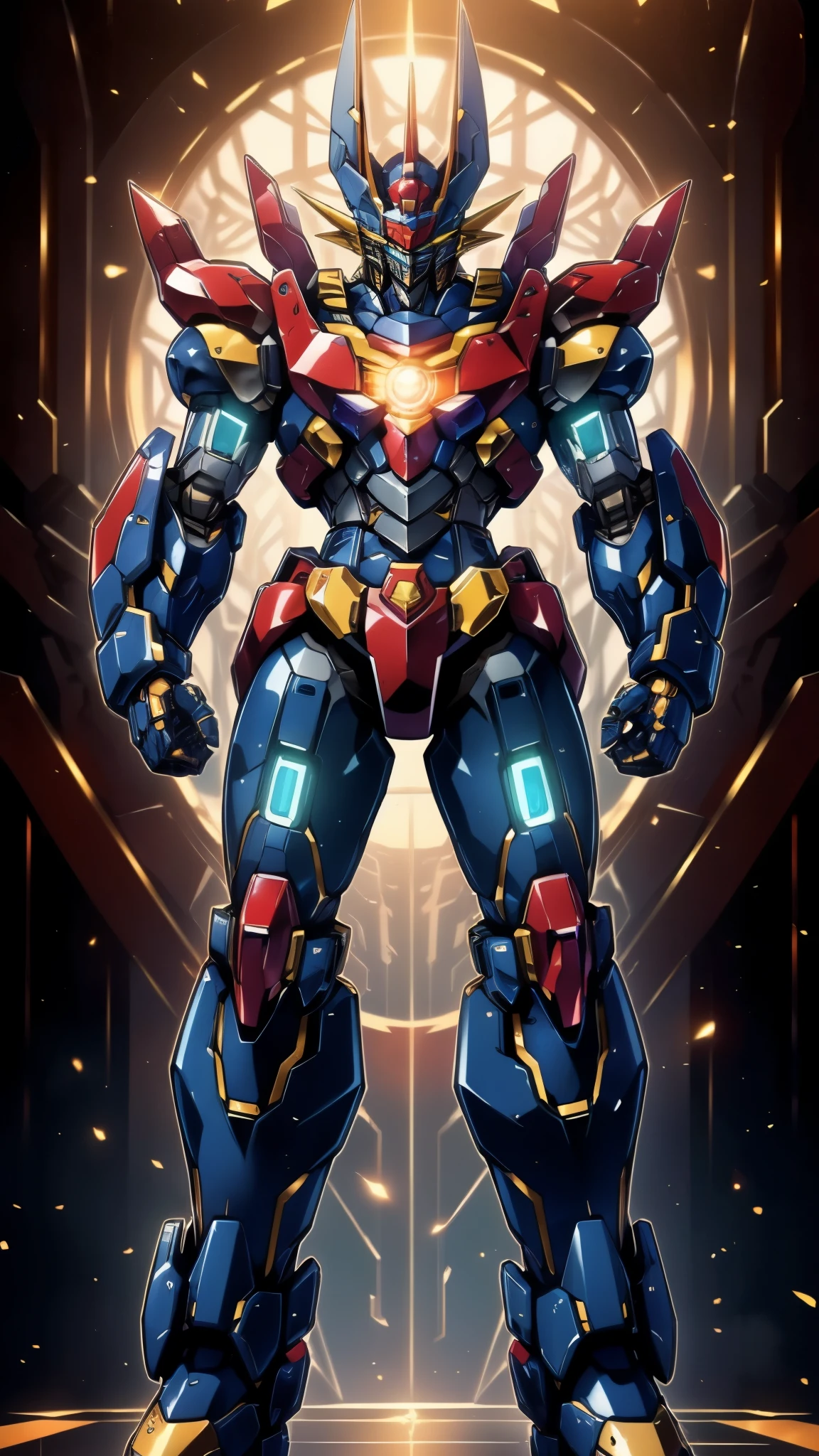 Humanoid Mecha, fully enclosed shoulder guards, matching arm and leg guards, full body, full armor, super robot, the design balances heavy with agility, (the color scheme is primarily white with red and blue accents, the concept Inspired by Mazinger Z, ruby chest armor, pose, standing, floating high above the futuristic sci-fi city), exquisite and mature art style, (aura effect, energy, glowing eyes, the armor glows), ((SRS)), metallic, dramatic, high definition, best quality, highres, ultra-detailed, ultra-fine painting, extremely delicate, professional, perfect body proportions, anatomically correct, symmetrical face, extremely detailed eyes and face, high quality eyes, creativity, RAW photo, UHD, 32k, Natural light, cinematic lighting, masterpiece-anatomy-perfect, masterpiece:1.5