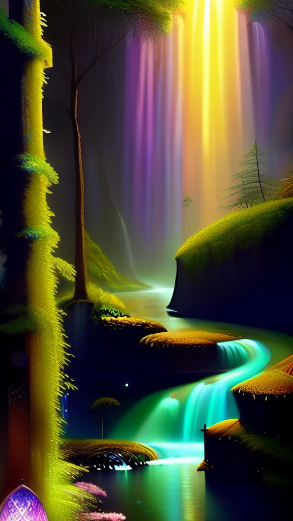 A stream in the forest、A waterfall in the background、A painting with a bright aurora on it , Chain Girl Dark Style Elegant, Very detailed, Digital Painting, Art Station, Concept Art, mat, Sharp focus, figure, ArtJam、Greg Rutkowski、Art by Alphonse Mucha