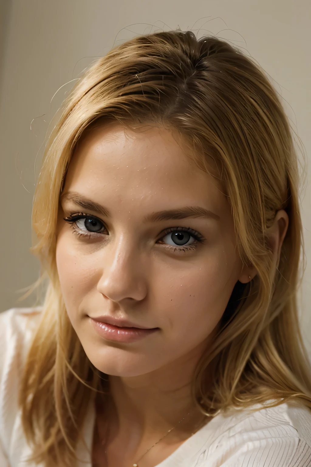 beautiful blonde woman facing forward looking directly forward