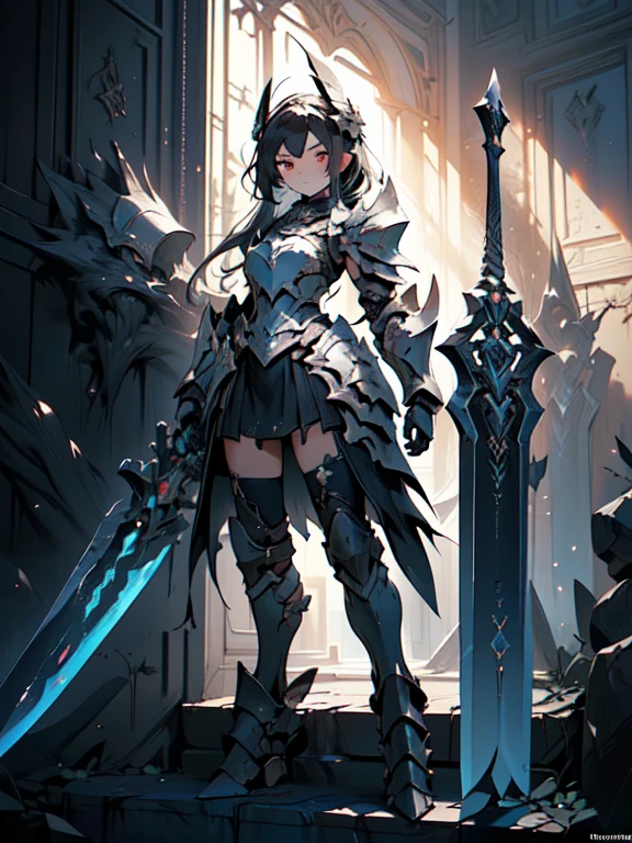 Design a layout showcase Gaming character, (1girl). Black+Gold clothes, opulent and dark, ((showcase weapon:1.4)), cursed blade, (masterpiece:1.2), (best quality), 4k, ultra-detailed, (Step by step design, layout art:1.5), (gloomy lighting, cursed atmosphere), dark knight, ((cursed gloves)), (((revealing armor:1.3))), dark vambraces, cursed boots, (((full_body_shot:1.4)))
