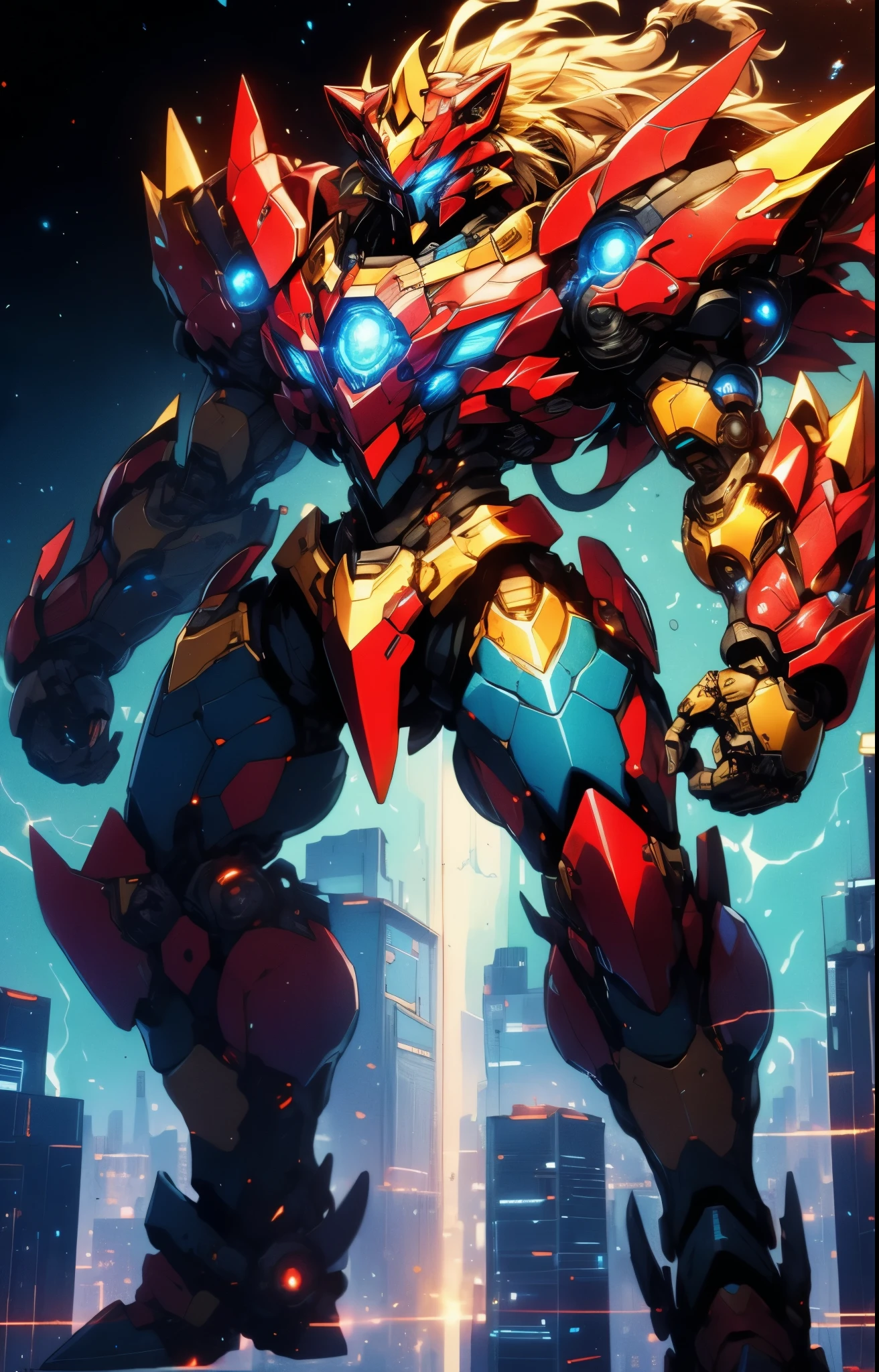 Humanoid Mecha, fully enclosed shoulder guards, matching arm and leg guards, full body, full armor, super robot, the design balances heavy with agility, (the color scheme is primarily white with red and blue accents, the concept Inspired by super robot, Lion concept chest armor, pose, standing, floating high above the futuristic sci-fi city), exquisite and mature art style, (aura effect, energy, glowing eyes, the armor glows), ((SRS)), metallic, dramatic, high definition, best quality, highres, ultra-detailed, ultra-fine painting, extremely delicate, professional, perfect body proportions, anatomically correct, symmetrical face, extremely detailed eyes and face, high quality eyes, creativity, RAW photo, UHD, 32k, Natural light, cinematic lighting, masterpiece-anatomy-perfect, masterpiece:1.5