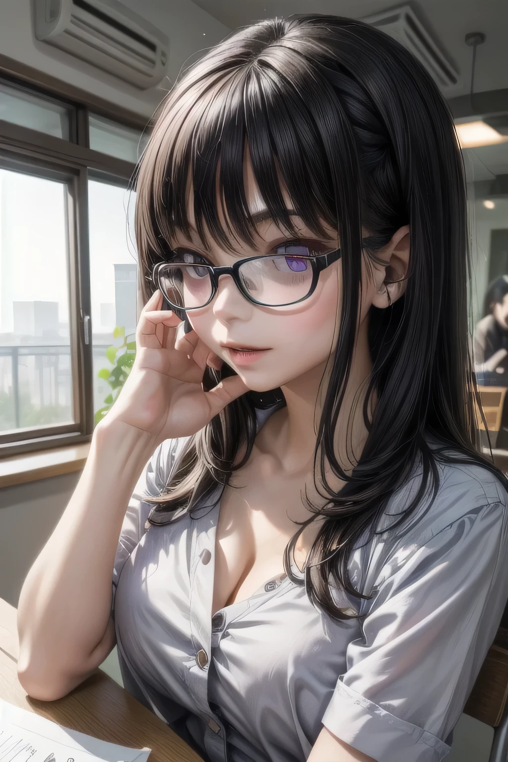 (Tabletop:1.0), (highest quality:1.4), (High resolution:1.2), From the side,Sharp contours, boyish, highest quality, masterpiece,Glasses,Voice of the Heart,20-year-old woman,yandere,Big Breasts,Chest to chest,Lying face down,Upper Body,Ecstasy,saliva,blush,Squint your eyes,Heterochromia iridis,Tuck up your clothes,lure