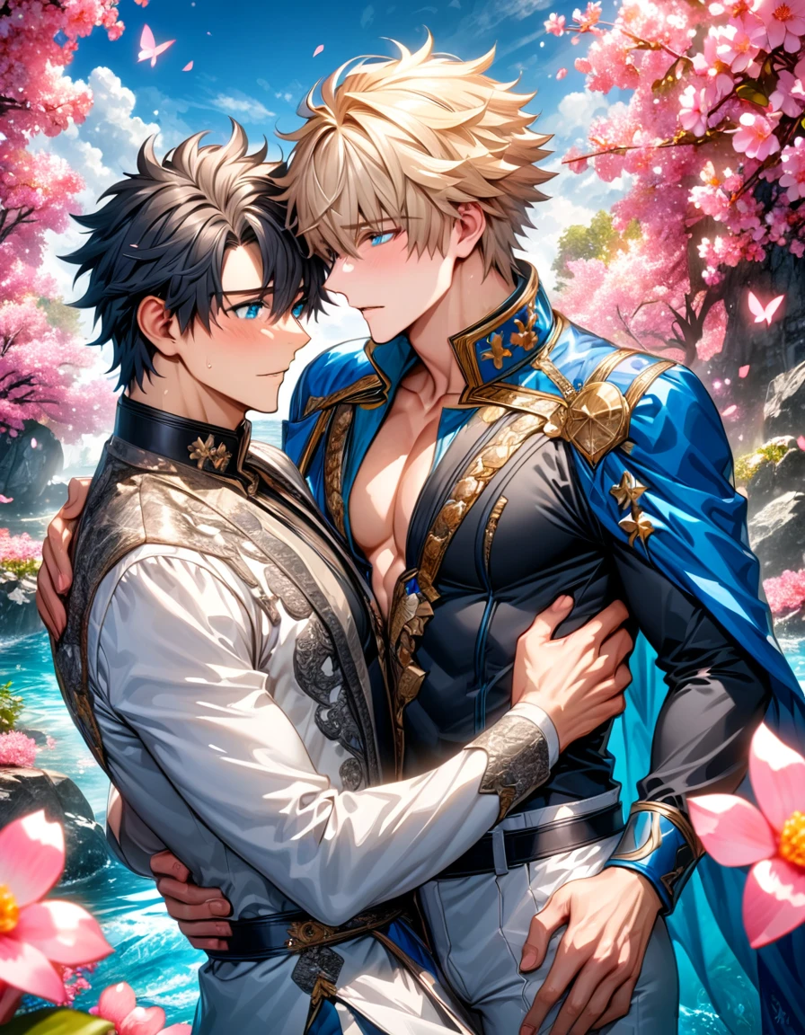 absurdres, highres, ultra detailed, HDR, master piece, best quality, Gawain, ash-blonde hair, expressive blue eyes, fate grand order, Fujimaru Ritsuka, black hair, expressive blue eyes, two sexy men together, gay couple, yaoi, handsome, blue cape with white fur, black shirt, white clothes, water, pink flowers, pink blossoms, pink butterflies, pink petals