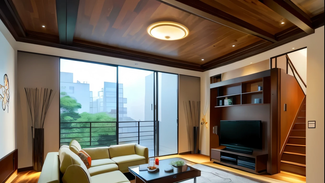 Living room, Sofa, glass doors, TV, wooden table, wall paintings, Stairs to the 2nd floor, anime background