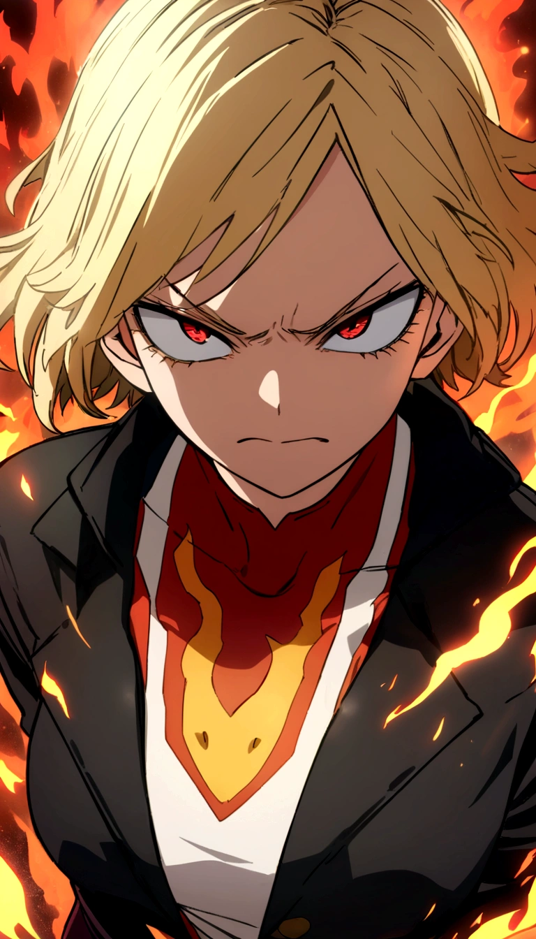 masterpiece, high quality, perfect face, high texture, 1 girl, 1 person, anime, my hero academia, blonde hair, short hair, red eyes, angry face, black jacket, flame, fire background