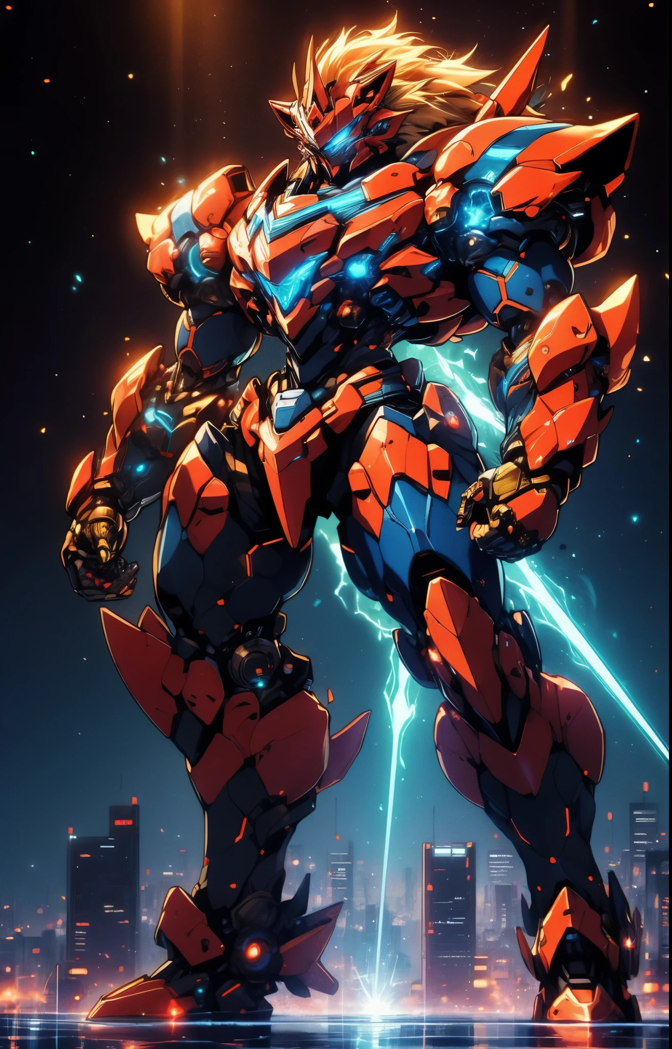 Humanoid Mecha, fully enclosed shoulder guards, matching arm and leg guards, full body, full armor, super robot, the design balances heavy with agility, (the color scheme is primarily white with red and blue accents, the concept Inspired by super robot, Lion concept chest armor, pose, standing, floating high above the futuristic sci-fi city), exquisite and mature art style, (aura effect, energy, glowing eyes, the armor glows), ((SRS)), metallic, dramatic, high definition, best quality, highres, ultra-detailed, ultra-fine painting, extremely delicate, professional, perfect body proportions, anatomically correct, symmetrical face, extremely detailed eyes and face, high quality eyes, creativity, RAW photo, UHD, 32k, Natural light, cinematic lighting, masterpiece-anatomy-perfect, masterpiece:1.5