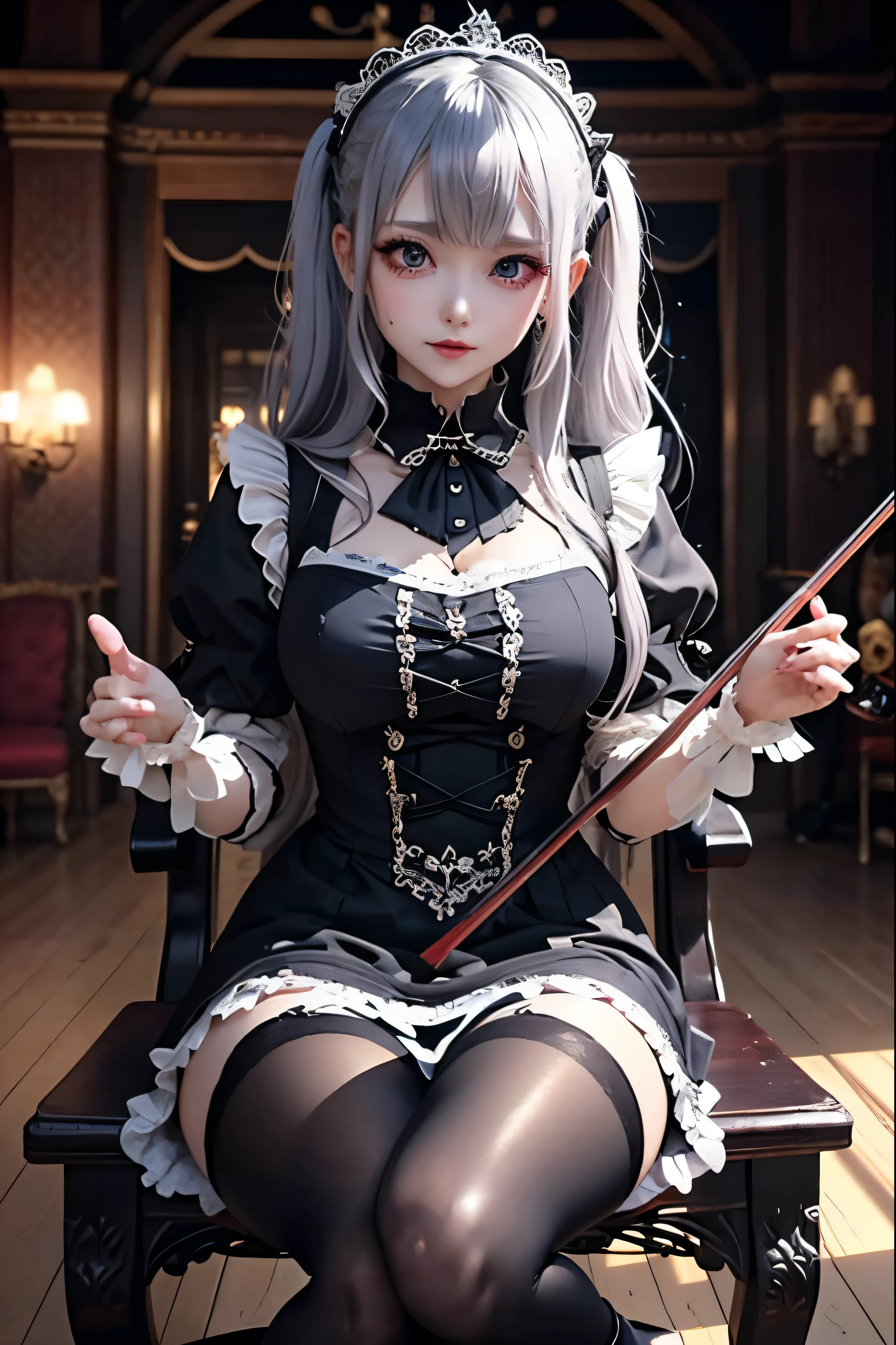 Hard Dark Gothic Makeup、Deep Night Sky、Horror、Black dark eyeshadow、sad、Good skin radiance、Dark Gothicメイク、Dark smile、palace、24-years-old、Embarrassed look、Dark Gothic、Obscene language、highest quality、Drunk face、紫のMaid clothes、Mysterious、Noble、sexy、Loving smile、Right blue eye, Left eye is red、Platform Heel Shoes、Heavy makeup、Gothic Lolita Clothing、Silver Hair、Long Hair Straight Hair、Cute Gothic Lolita Dress、Beautiful Face、elegant features、Fascinating face、Stained glass is the background、Chest glistening with sweat、The room is dark、gothic long dress、Bell Sleeves、Wizard Sleeve、Decadent look、Sexually excited expression、Glossy thighs wet with water、Thighs that are wet and shiny with oil、Background of a room full of roses、The embroidery is pink、The dress has pink embroidery、Thigh-high socks、Knee-high socks、Gentle expression、Dark black eyeshadow、Stained glass and rose background、Female Duo、Female couple、dark church background、Stained glass、Black metal world、Dark Castle、Slender body、gothic long dress、Maid clothes、Victorian dresses、Her thighs glisten with sweat、My body is wet and shiny、Lots of glitter on the thighs、My thighs are sticky from sweating、Sweat glistens on the thighs, The whole body is sweaty and shiny、Quite sweaty、My thighs are sweaty、My thighs are so wet、My thighs are shining with sweat、A lot of sweat glistens all over the body、Small breasts、Orchestra StageStage、Dynamic Angle、sitting on a gothic chair、Play the violin gracefully、With a violin、Press the violin strings、violinist、orchestra performance、Thin thighs、slender、Violin body and strings、Sit on a chair、pantyhose、