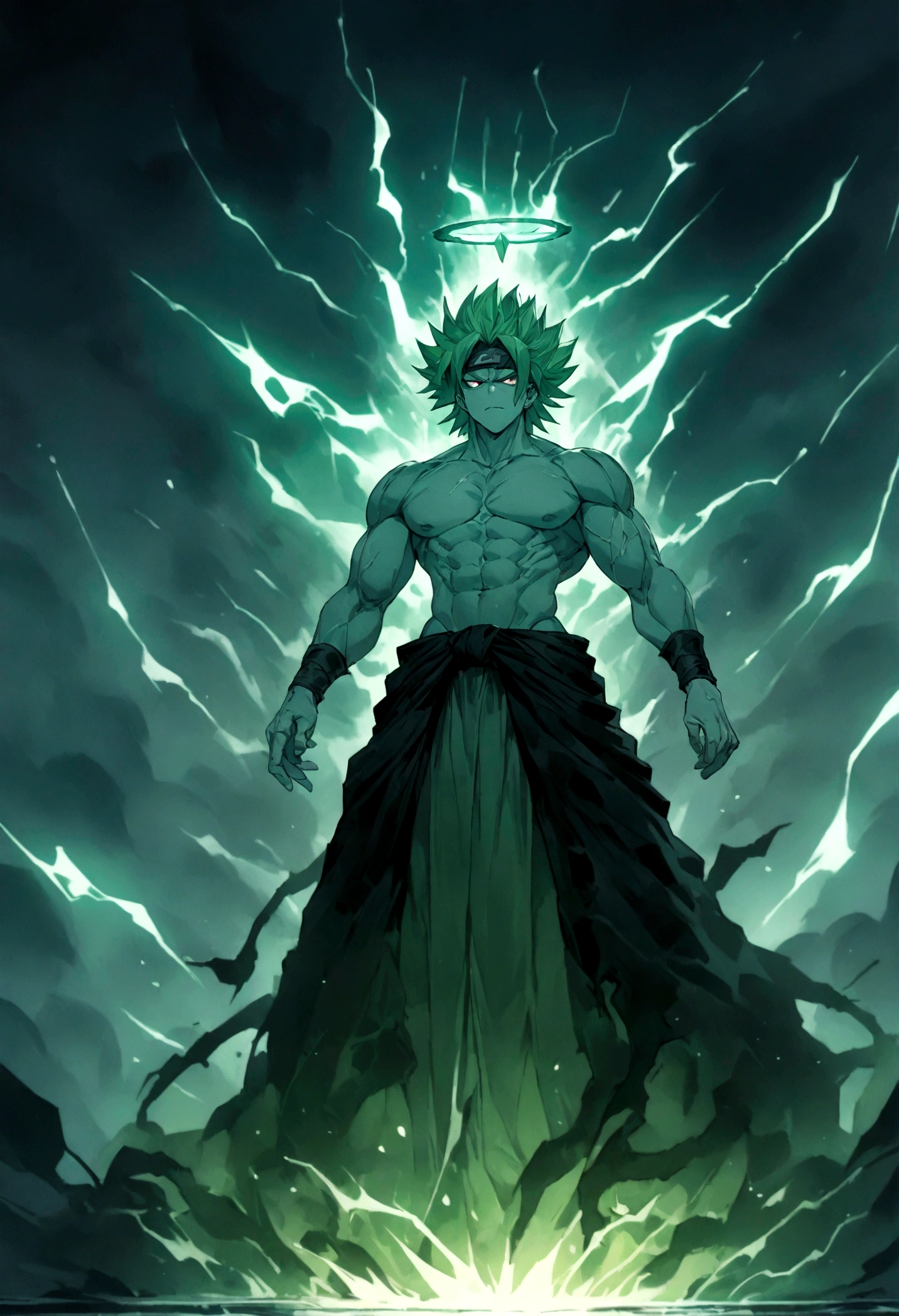 Green Aura、"(Best Quality,4K,8k,High resolution,masterpiece:1.2),Ultra-detailed,, Manga art wearing a headband、whole body、Forehead protector、Intense thunder、Stormy Night、male, Ivory skin, Thor、whole body、Wear a red loincloth around your waist、Green Hair、White trousers、Super Saiyan、Messy hair, green, spiky hair, sharp eyes, Grey Iris, Wear a black coat, Naked torso, Muscular body, Sports Body, Sharp jaw line, Glare, Cold and mysterious personality, whole body, Sports Body, 8k, detailed feature, Very handsome, Dreamy look, Bright lighting, Lightning Background, Intense thunder、Stormy Night、whole body、Gives off an intense aura、Halo on your back、Medals Falling、Struck by lightning