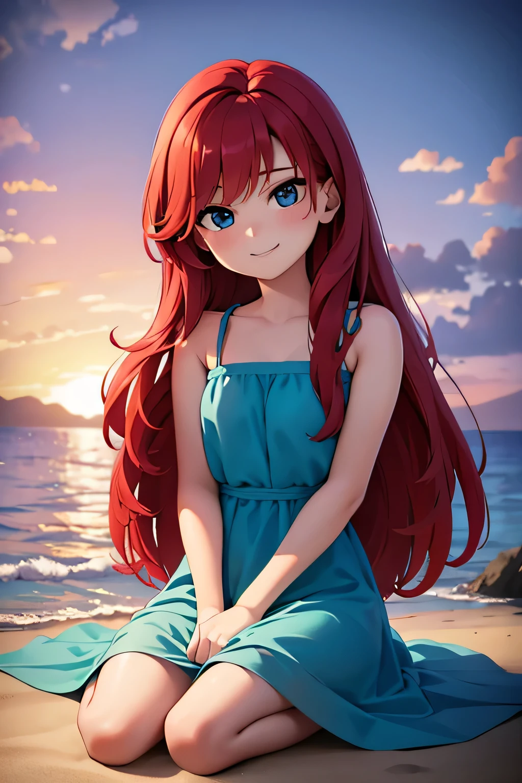 ruby, 1 girl, Teenage, Long Red hair, Medium Hair, Blue eyes, bare shoulders, medium breast, aqua ruffle maxi dress, sitting on the beach, over the sea, beautiful purple sunset at sand beach, sit on her knees, Sexy, masterpiece, High quality. 2D illustration, 2D flat, sit down, Masterpiece, 8K, HDR, portrait, smile