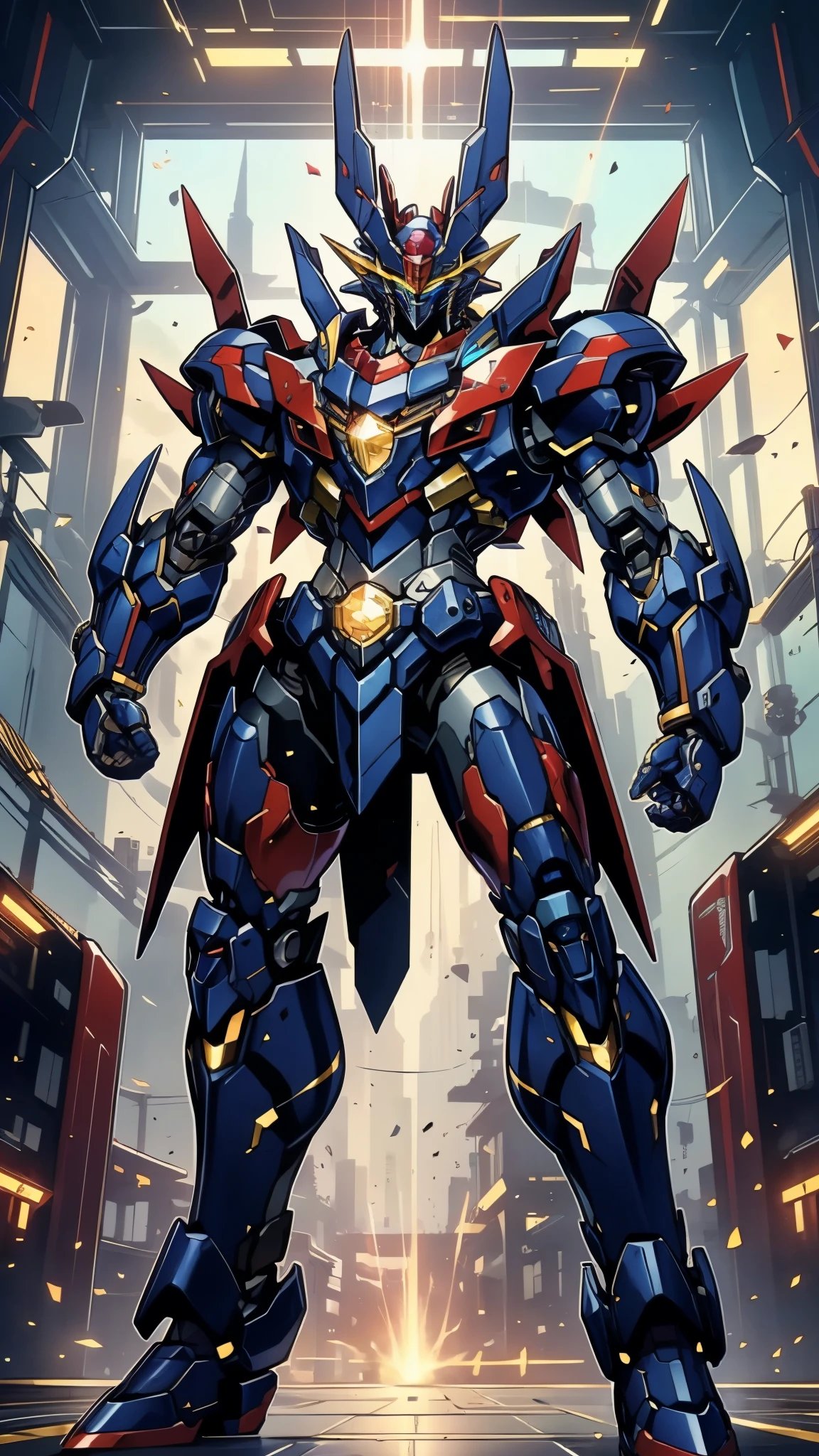 Humanoid Mecha, fully enclosed shoulder guards, matching arm and leg guards, full body, full armor, super robot, the design balances heavy with agility, (the color scheme is primarily white with red and blue accents, the concept Inspired by Mazinger Z, ruby chest armor, pose, standing, floating high above the futuristic sci-fi city), exquisite and mature art style, (aura effect, energy, glowing eyes, the armor glows), ((SRS)), metallic, dramatic, high definition, best quality, highres, ultra-detailed, ultra-fine painting, extremely delicate, professional, perfect body proportions, anatomically correct, symmetrical face, extremely detailed eyes and face, high quality eyes, creativity, RAW photo, UHD, 32k, Natural light, cinematic lighting, masterpiece-anatomy-perfect, masterpiece:1.5