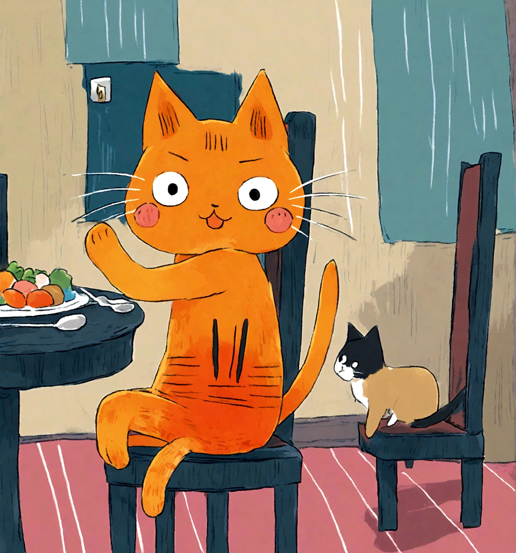 cat, table, sitting on chair, dinner