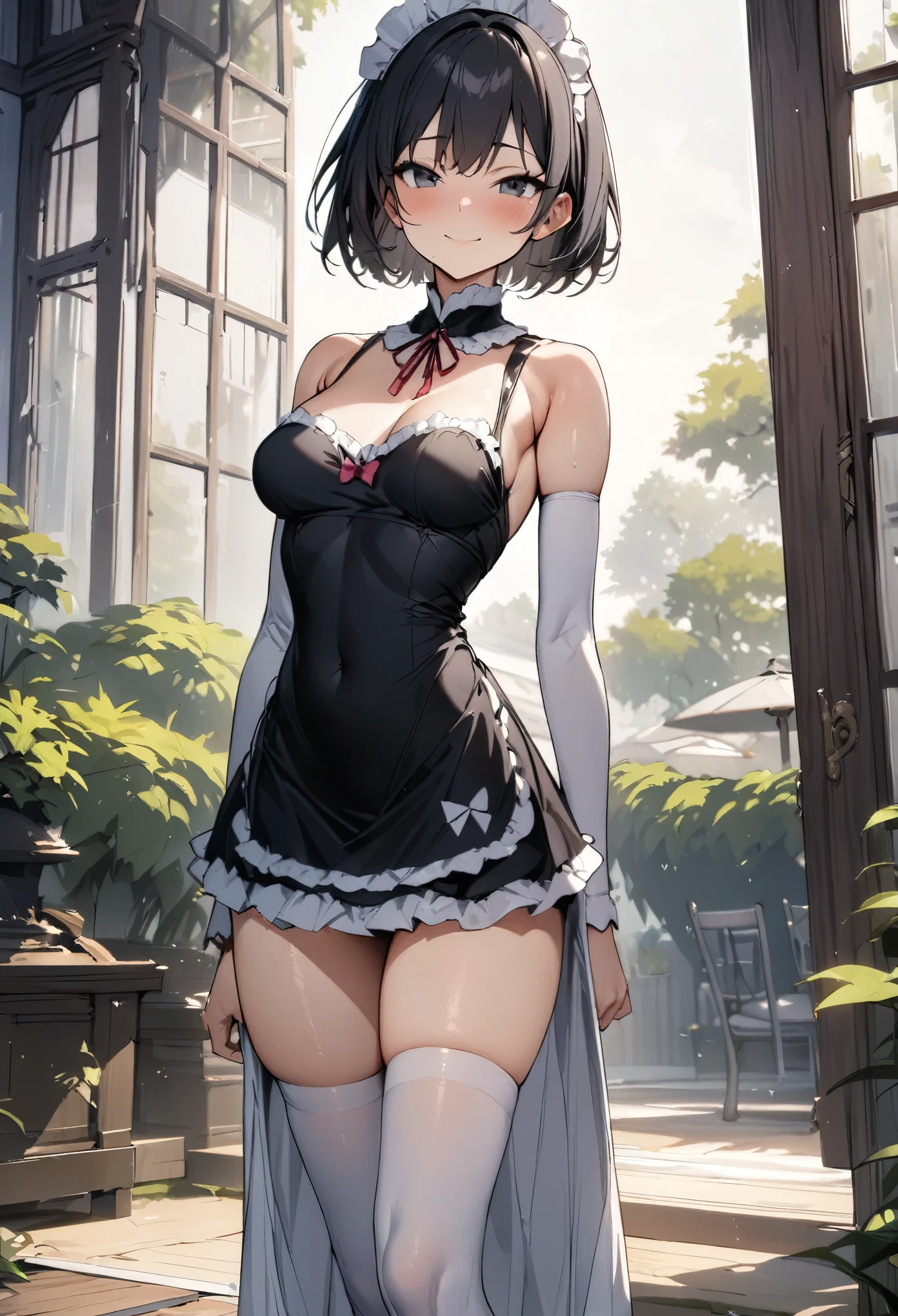 (((masterpiece, highest quality:1.3))),cowboy shot,25 year old beauty, solo,((very small head:1.2)),short bob hair,bangs,black hair,black eyes,blush,smile,medium breasts,(((very long body,slender body))),skinny,gleaming skin,oily skin,(japanese maid uniform,White brim,mini skirt),white_thighhighs,standing,garden、Trees、Garden of a large old mansion、